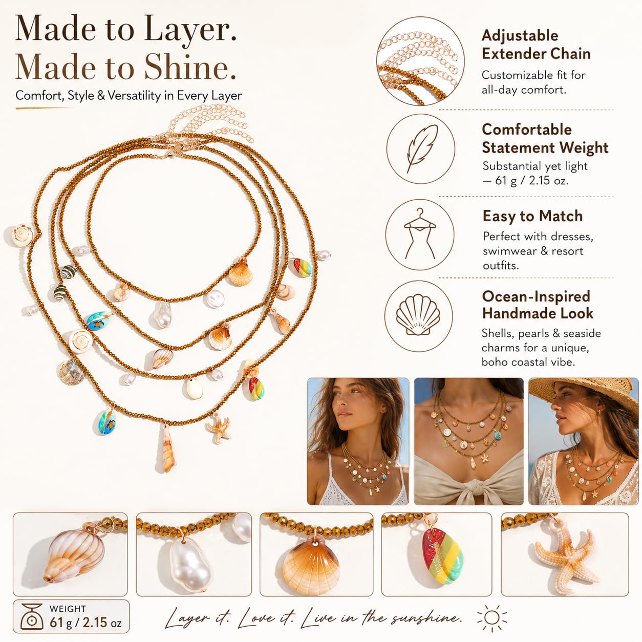 Boho Seashell Necklace For Women, Handmade Multi Layer Beaded Shell Starfish Conch Pearl Charm Pendant Necklaces Summer Beach Fashion Gifts Jewelry (4Pcs Silver)