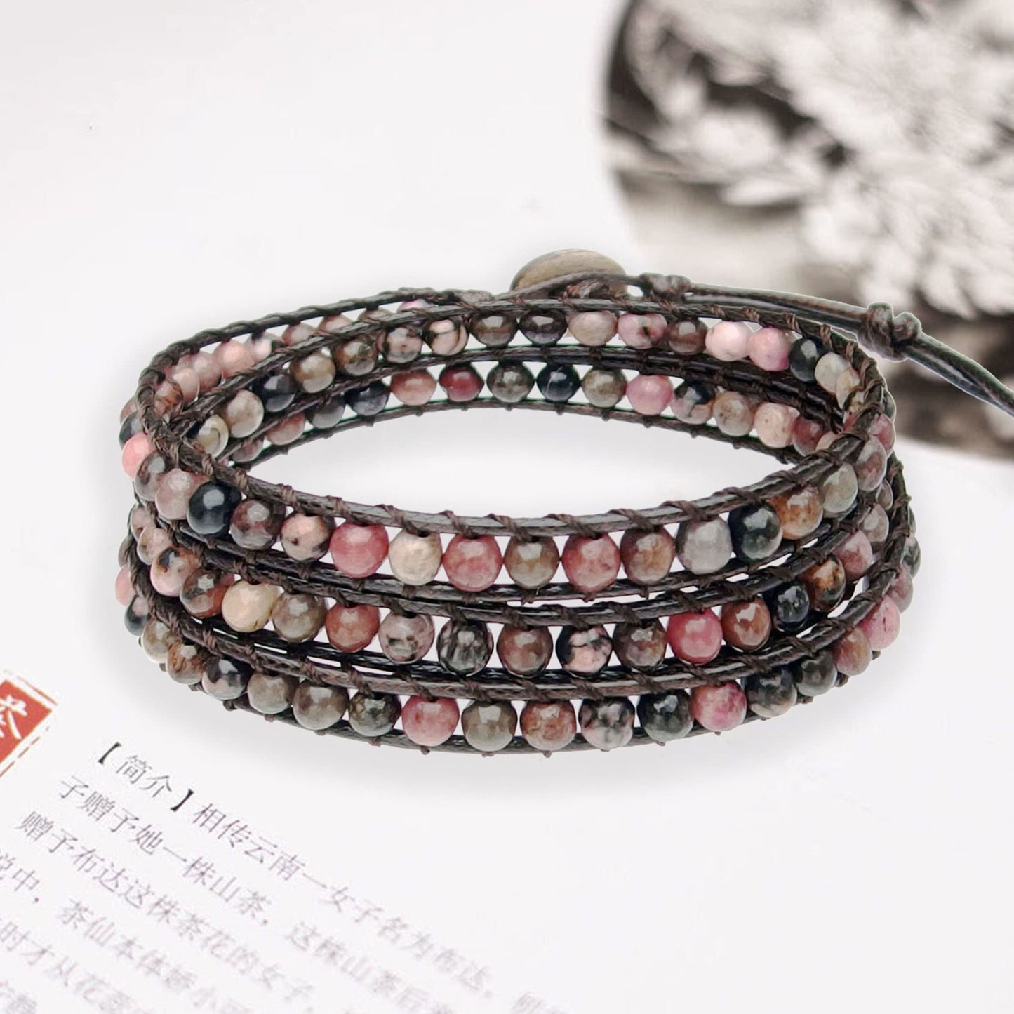 Ayriwoyi Beaded Wrap Bracelet Wrap Bracelets for Women Natural Rhodonite Stone Beads Adjustable Bohemian Bracelet Handmade Jewelry Gifts for Women
