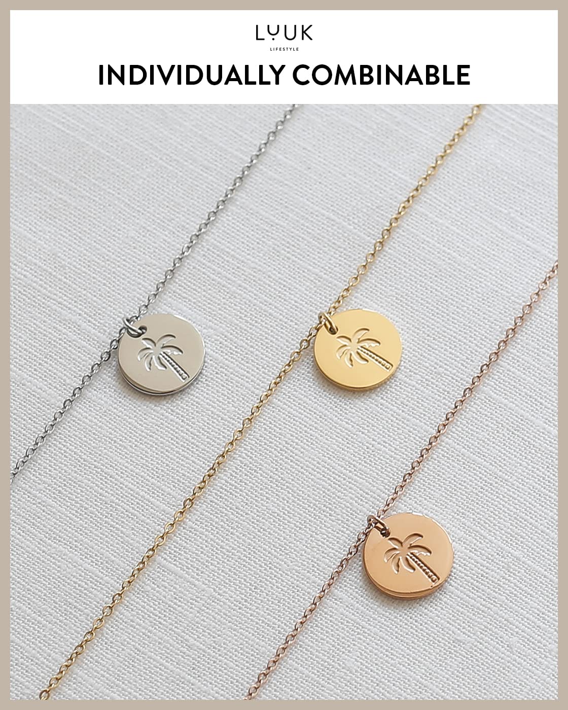 LUUK LIFESTYLE Stainless steel necklace for women with palm tree pendant and HAPPINESS card, gift idea, summer symbol, beach motif, friendship present, adjustable length 19”, fashion jewelry, silver