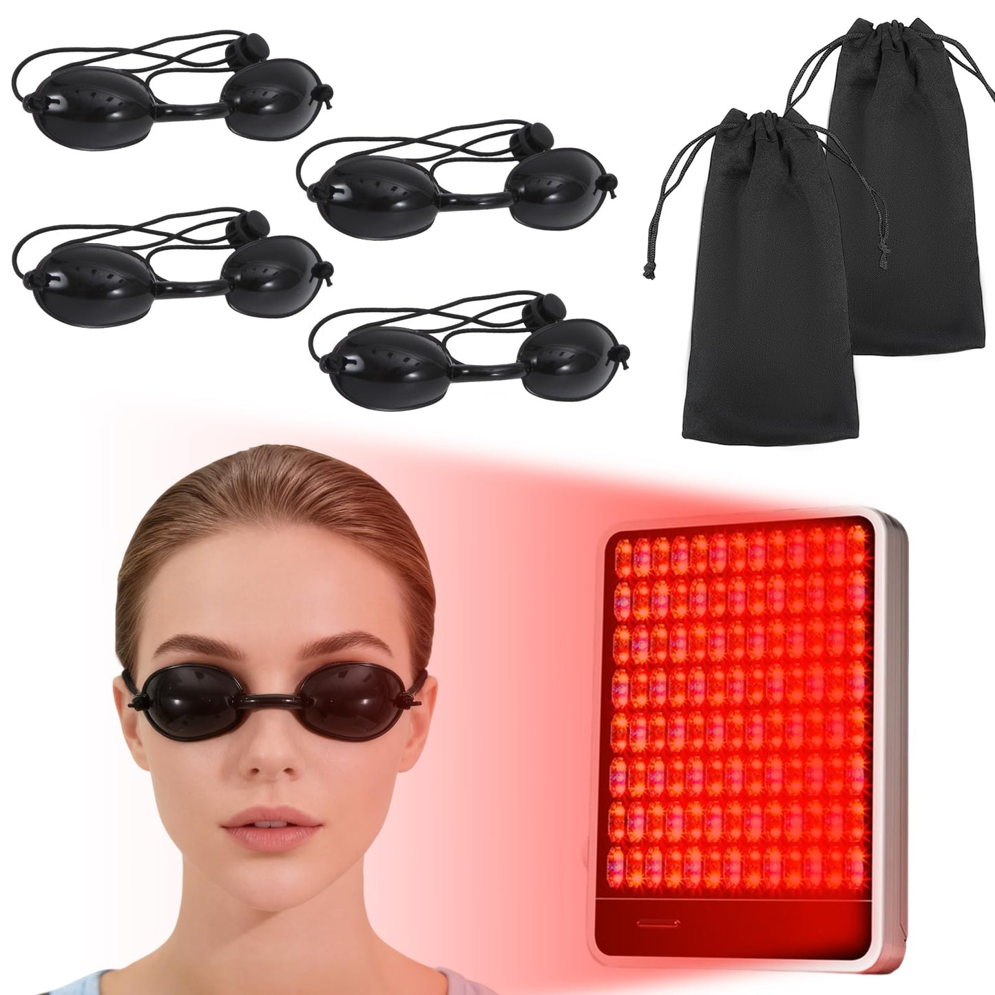 4 PCS Red Light Therapy Glasses, Half - clear Eyes Protection for Tanning Bed Goggles, Safety Glasses for Sunbathing & Laser Beauty Treatment, Black Wearing length adjustable Protective Goggles