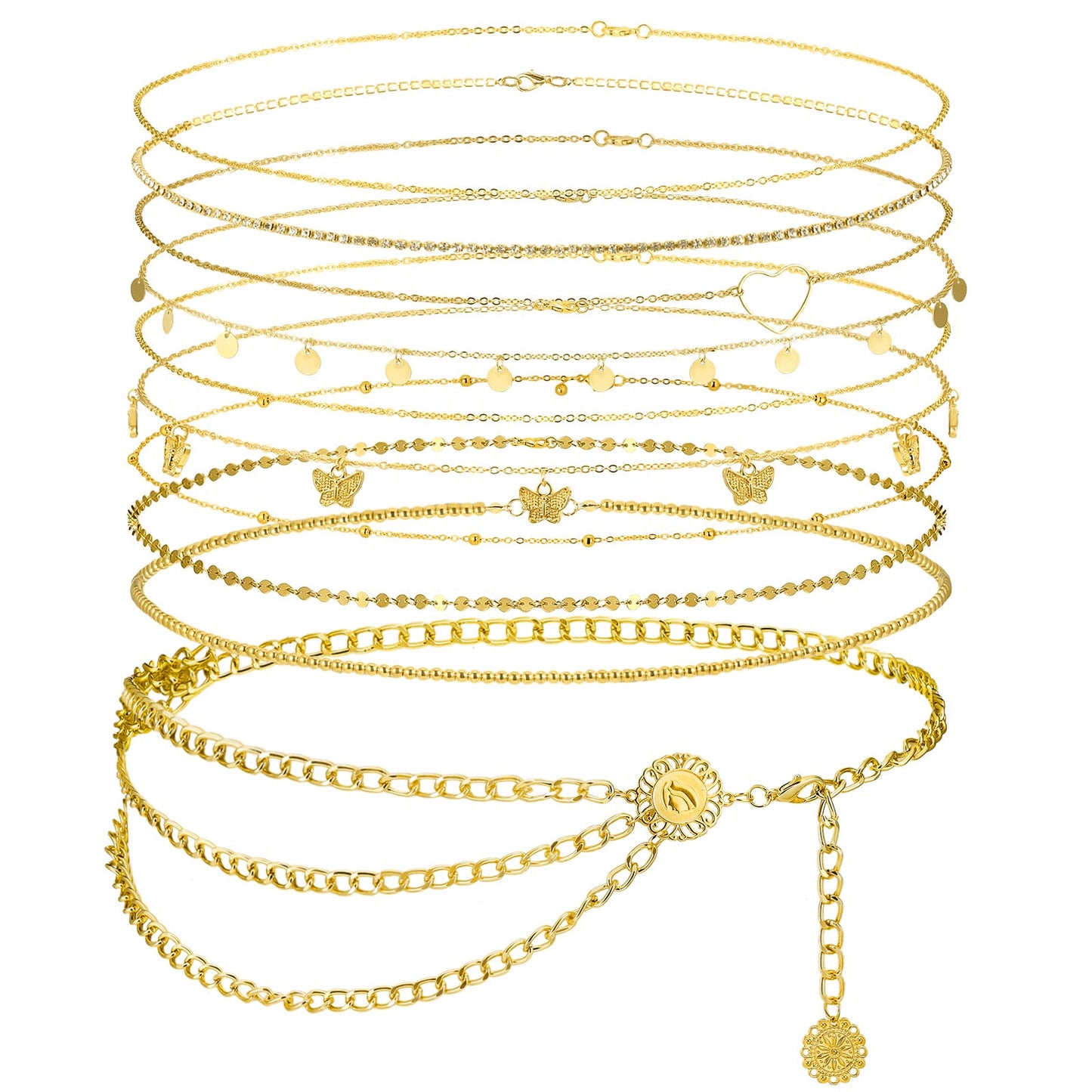 Lenwen 10 Pcs Summer Beach Belly Chain Adjustable Waist Multi Layered Chain Waist Jewelry for Women Girls Multilayer Body(Classic Style,Gold)