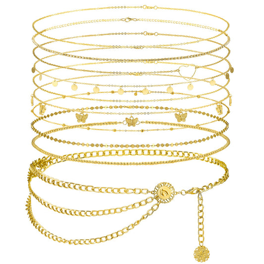 Lenwen 10 Pcs Summer Beach Belly Chain Adjustable Waist Multi Layered Chain Waist Jewelry for Women Girls Multilayer Body(Classic Style,Gold)