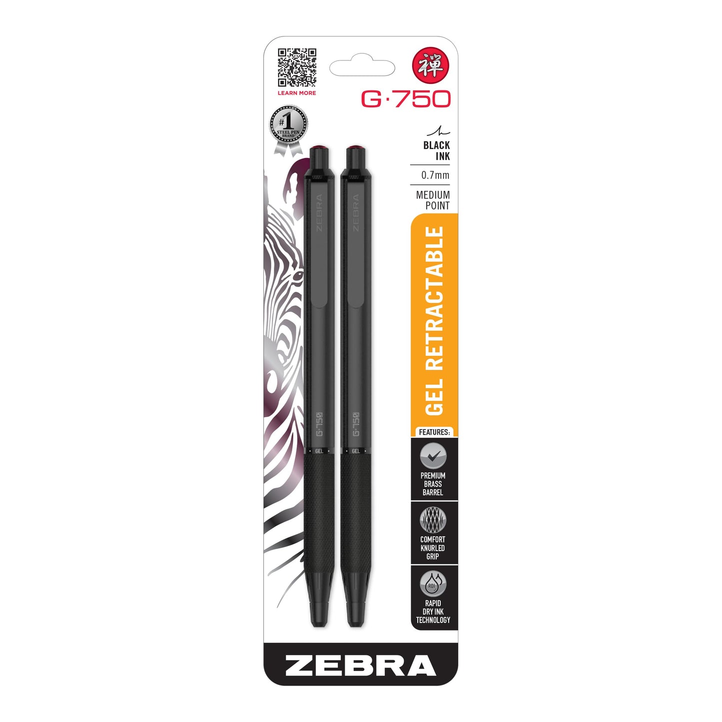 Zebra Pen – STEEL Series Premium Gel Pens – G-750 Retractable, 0.7mm Medium Point Black Ink, Rapid Dry Ink, Comfort Knurled Grip, Black Brass Barrel, Refillable, Japanese Craft Detail, 2-Pack (49812)