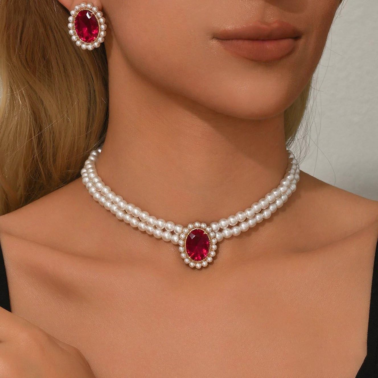 CSIYANJRY99 Pearl Necklace and Earring Set Faux Pearl Jewelry Sets for Women Imitation Beaded Pearl Necklace Bracelet Stud Earrings for Women（RD）
