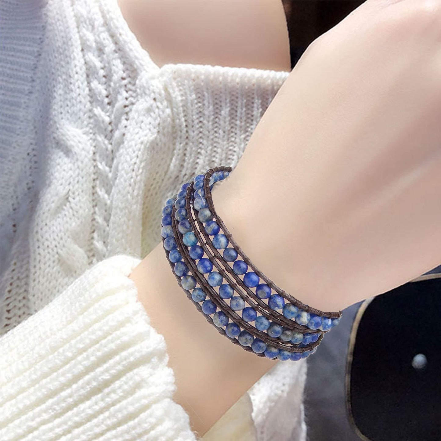Ayriwoyi Blue Lapis Lazuli Bracelet Wrap Bracelets for women Beaded Stone Adjustable Healing Crystal Bracelet Leather Boho Bracelets