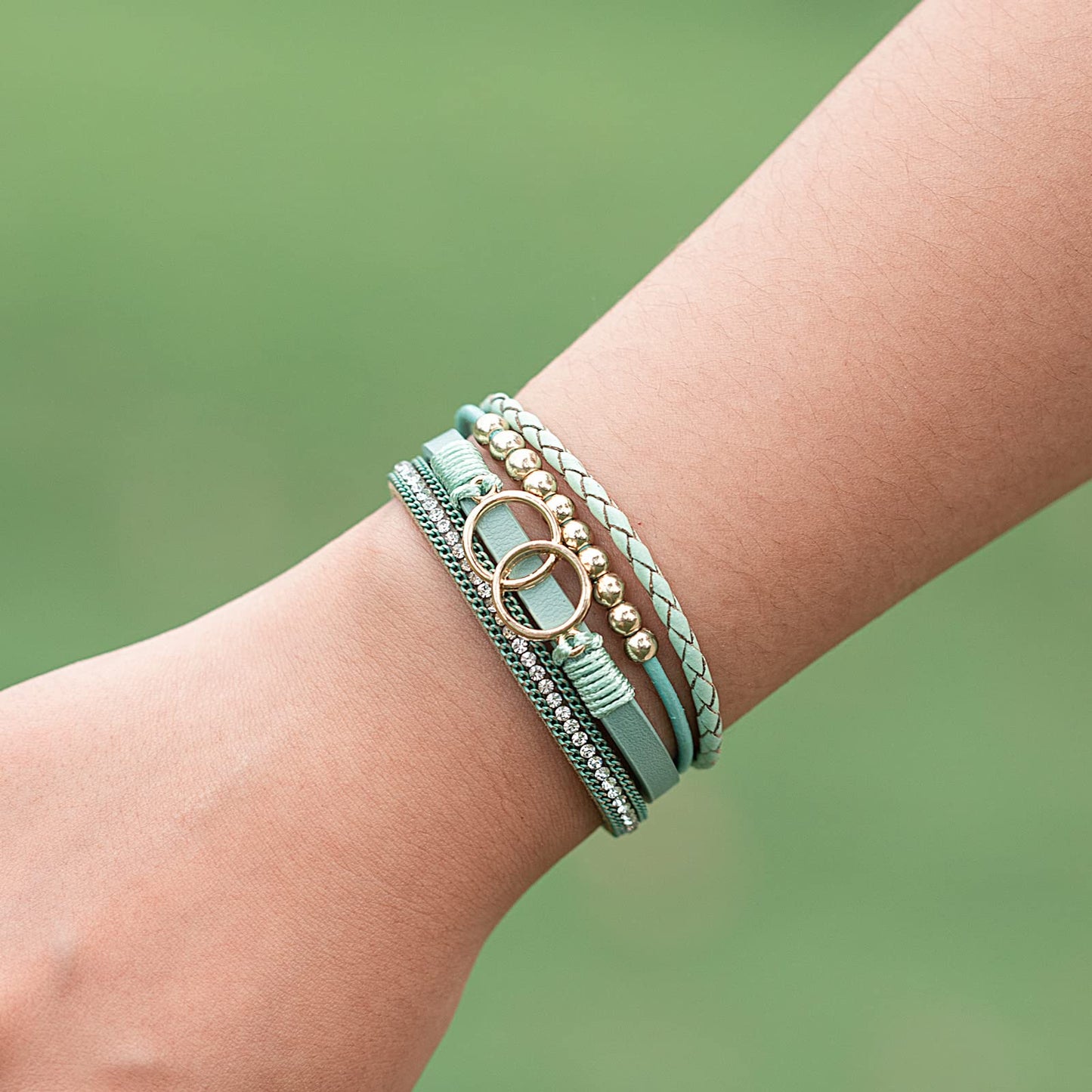 FANCY SHINY Boho Leather Wrap Bracelet Stackable Beaded Infinity Chunky Cuff Bracelets with Magnetic Clasp Western Hippie Outfits Jewelry Gifts for Women(Avocado)