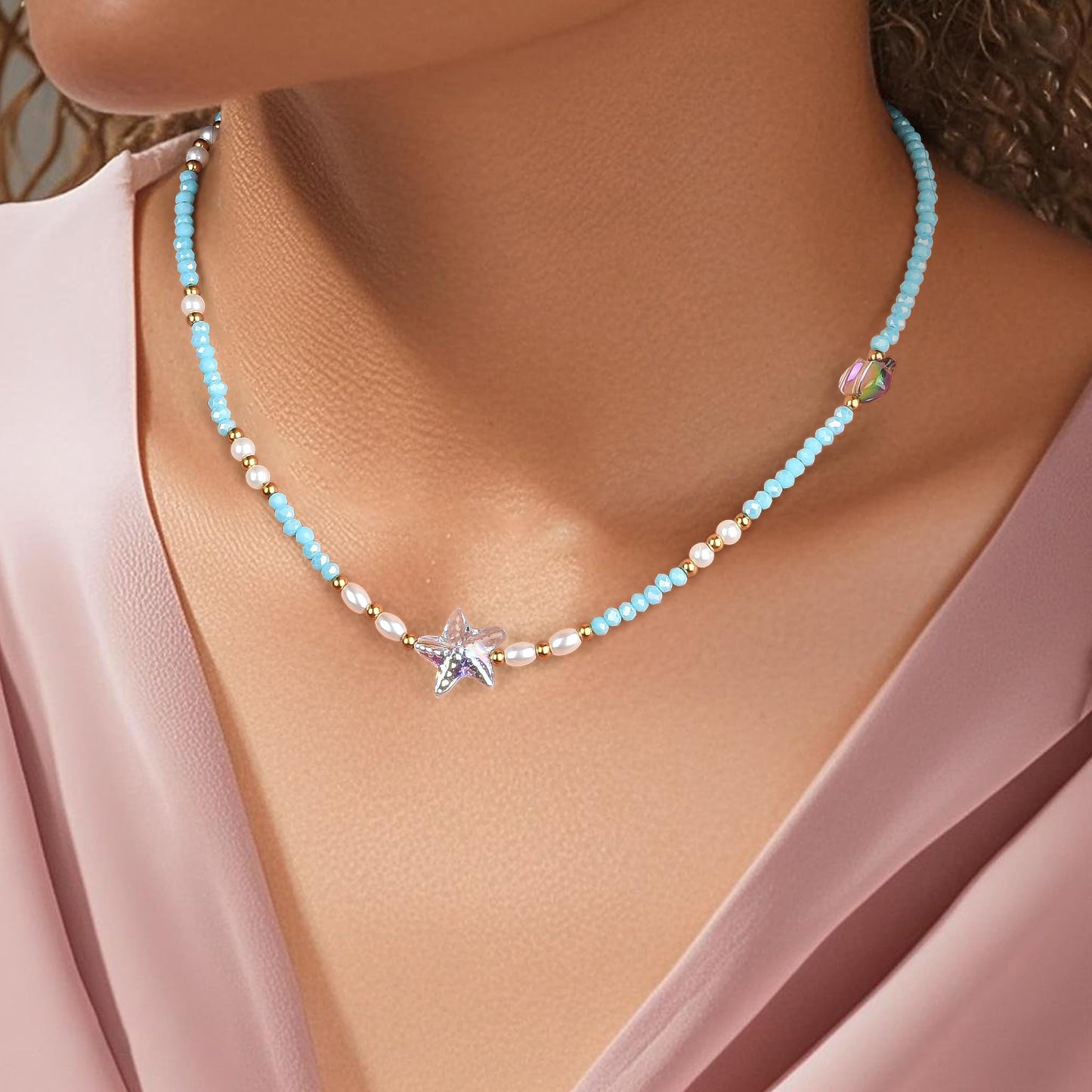 Blue Starfish Pearl Necklace Beach Jewelry For Women 2025 Summer Fashion Bohemian Style Vacation Necklace (Blue)