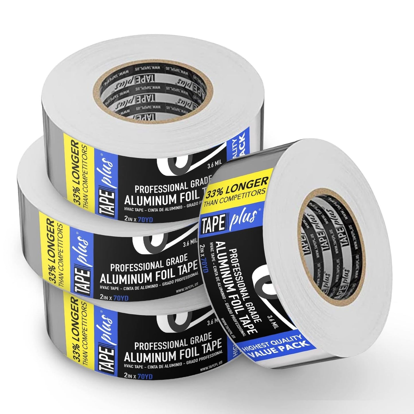 TapePlus Aluminum Foil Tape - Heat Resistant Duct Seal for HVAC Applications - Waterproof Insulation Tape - Aluminum Adhesive Sheet for Dryer Duct Repairs - 4 Pack, 2 in x 210 ft, Silver