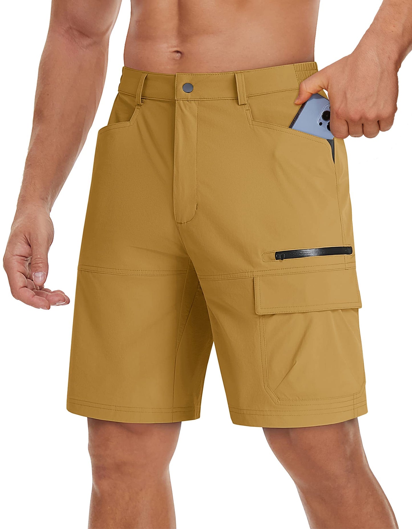 TACVASEN Men's Dress Golf Shorts Cargo Hiking Casual Shorts Lightweight Quick Dry Stretch Tactical Work Fishing with Pockets Turmeric 38