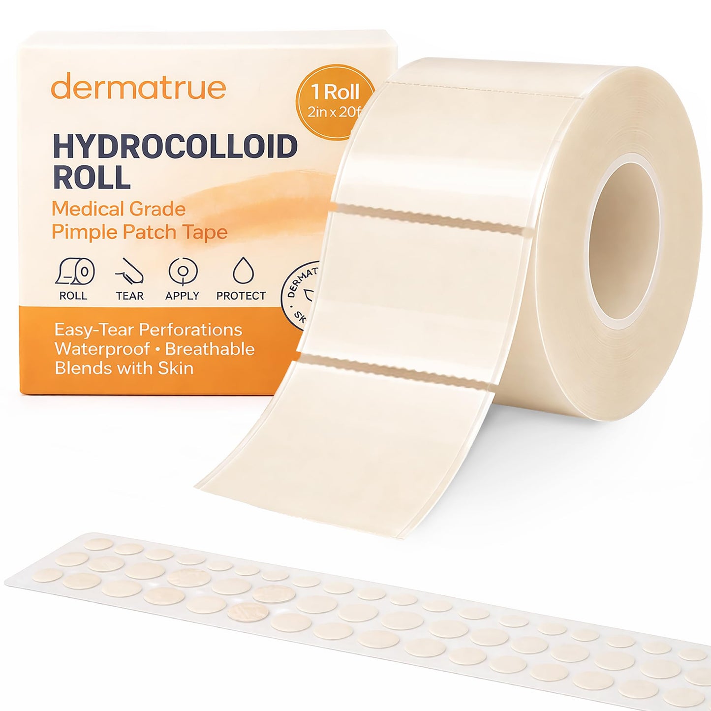 Extra Large Hydrocolloid Roll 2” x 20ft with Easy-Tear Perforations + 120 Precut Pimple Patches – Hydrocolloid Bandage Tape, Ultra Absorbent, Water Proof, Wound Care, Hydrocolloid Dressing