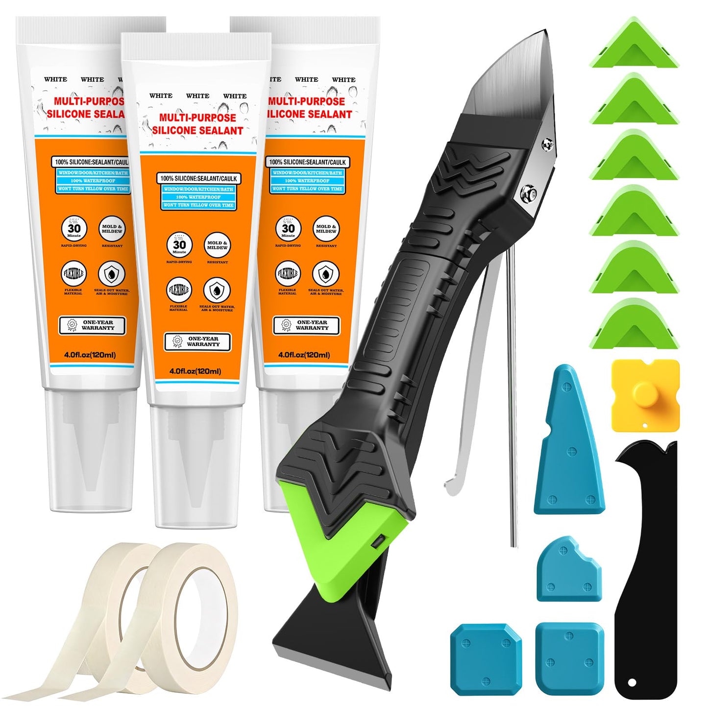 White Silicone Caulk Set-12oz Waterproof Silicone sealant,5 in 1 Caulk Tool with Caulk Remover Tool & Caulk Finishing Tool,Silicone Caulking Tool Kit of Bathroom Caulk, Shower Caulk, Bathtub Caulk