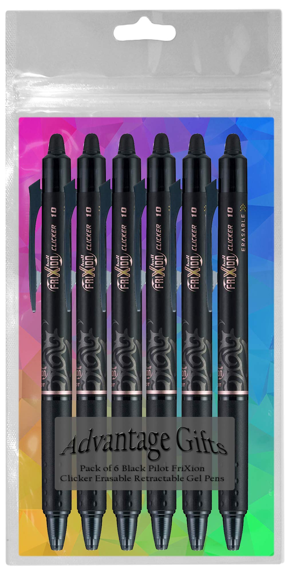 Advantage Gifts FriXion Clicker Retractable Erasable Gel Pen, Black, Bold Point, 6-pk; Bundle with Plastic Reusable Pouch