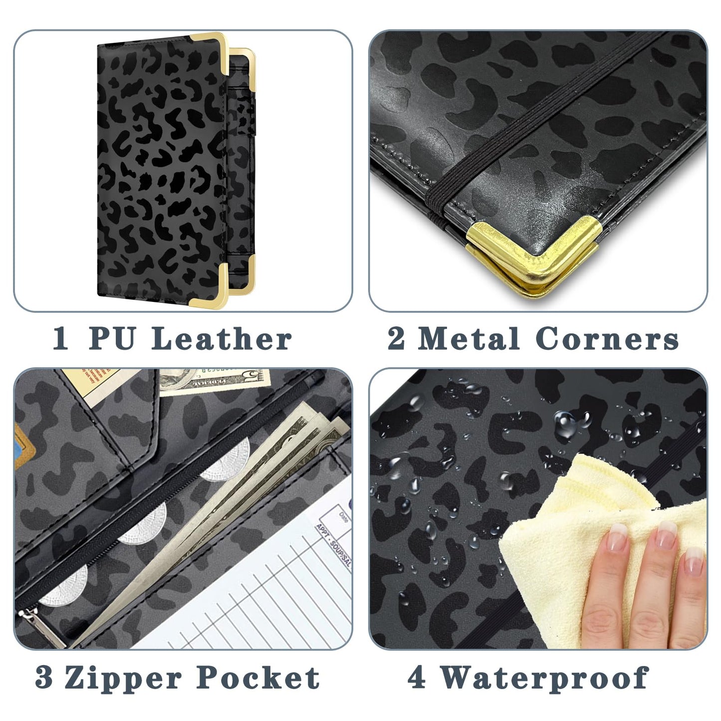 YeeCASE Server Book with Zipper Pocket, High Volume, Expandable Server Book, Money Pocket and Fold, Restaurant Waitstaff Organizer Fit Server Apron with High Volume Pocket (Leopard-Black)