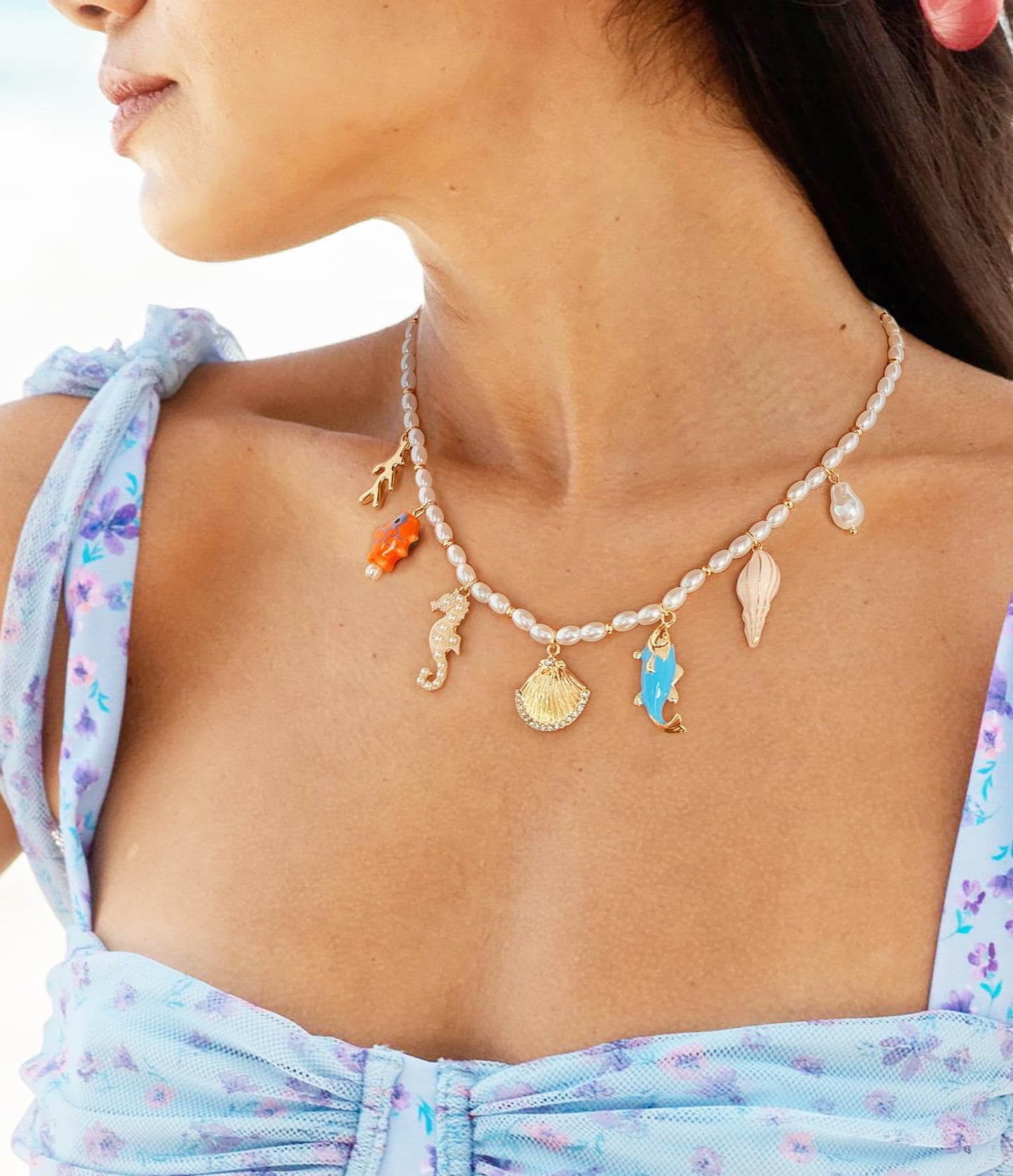 LILIE&WHITE Sea Shell Necklace For Women Gold Charms Necklace Seahorse Seashell Bead Pearl Necklaces Little Fish Conch Pendants Summer Beach Necklaces Jewelry