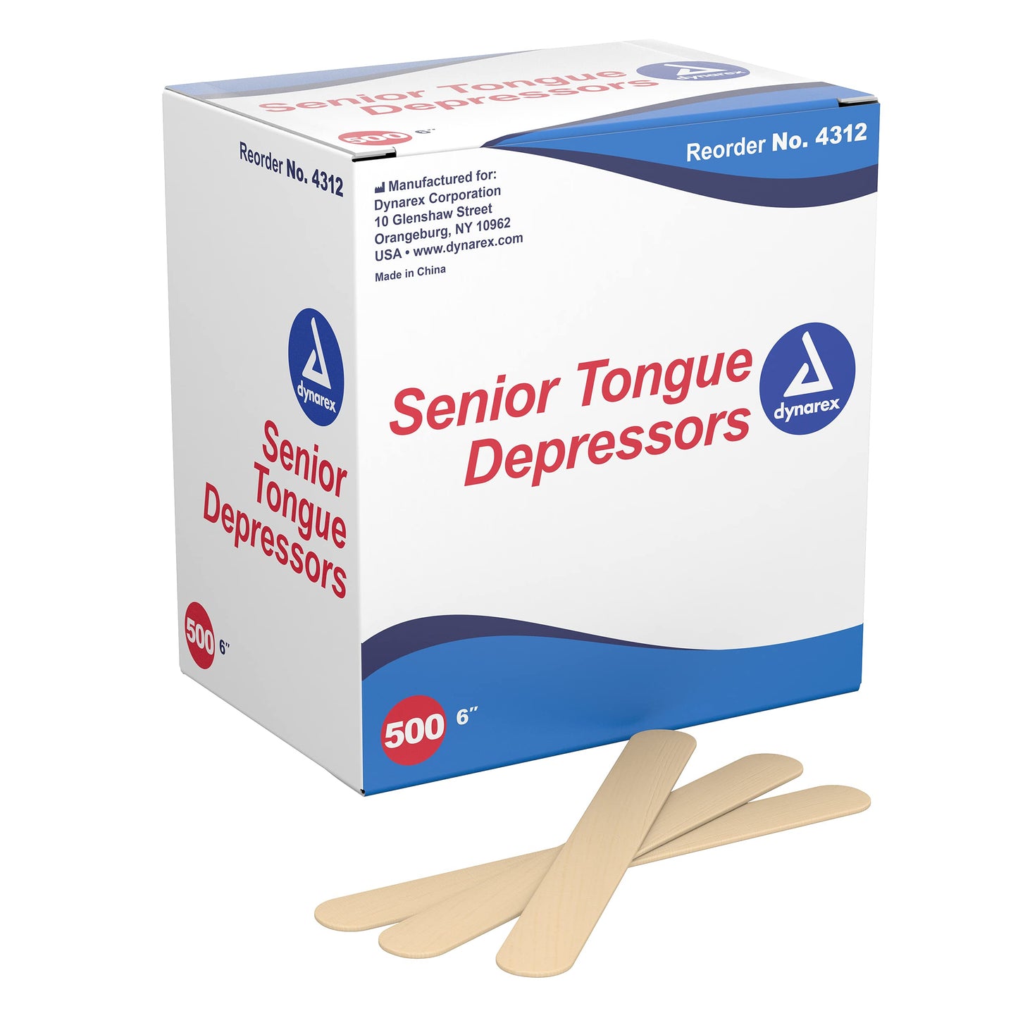 Dynarex Tongue Depressors Wood, Senior 6", Non-Sterile, with Precision Cut and Polished Smooth Edges, for Medical Uses, 1 Box of 500 Tongue Depressors