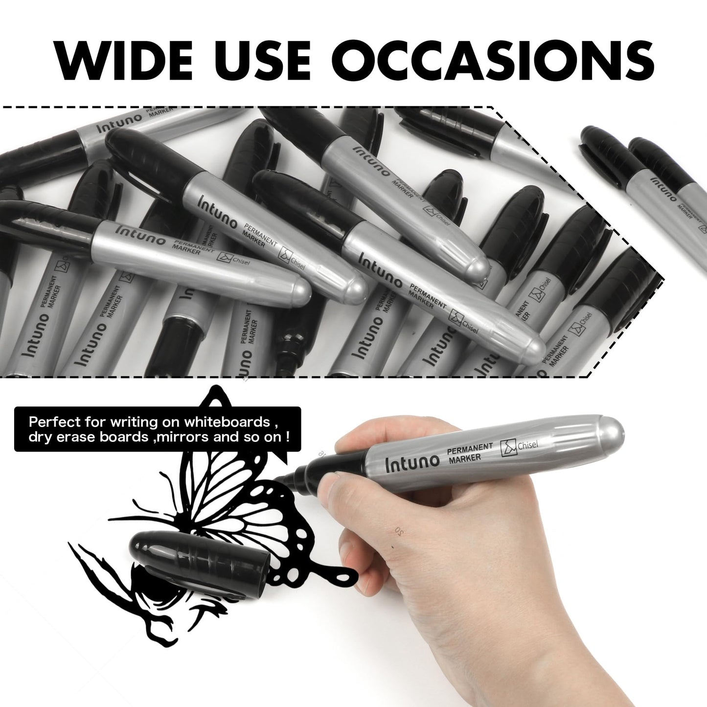 INTUNO Jumo Permanent Markers, 60 Count Black, Chisel tip, Oil-Based Permanent Markers, Waterproof and Fade-Resistant, for Paper, Wood, Metal, Glass and More