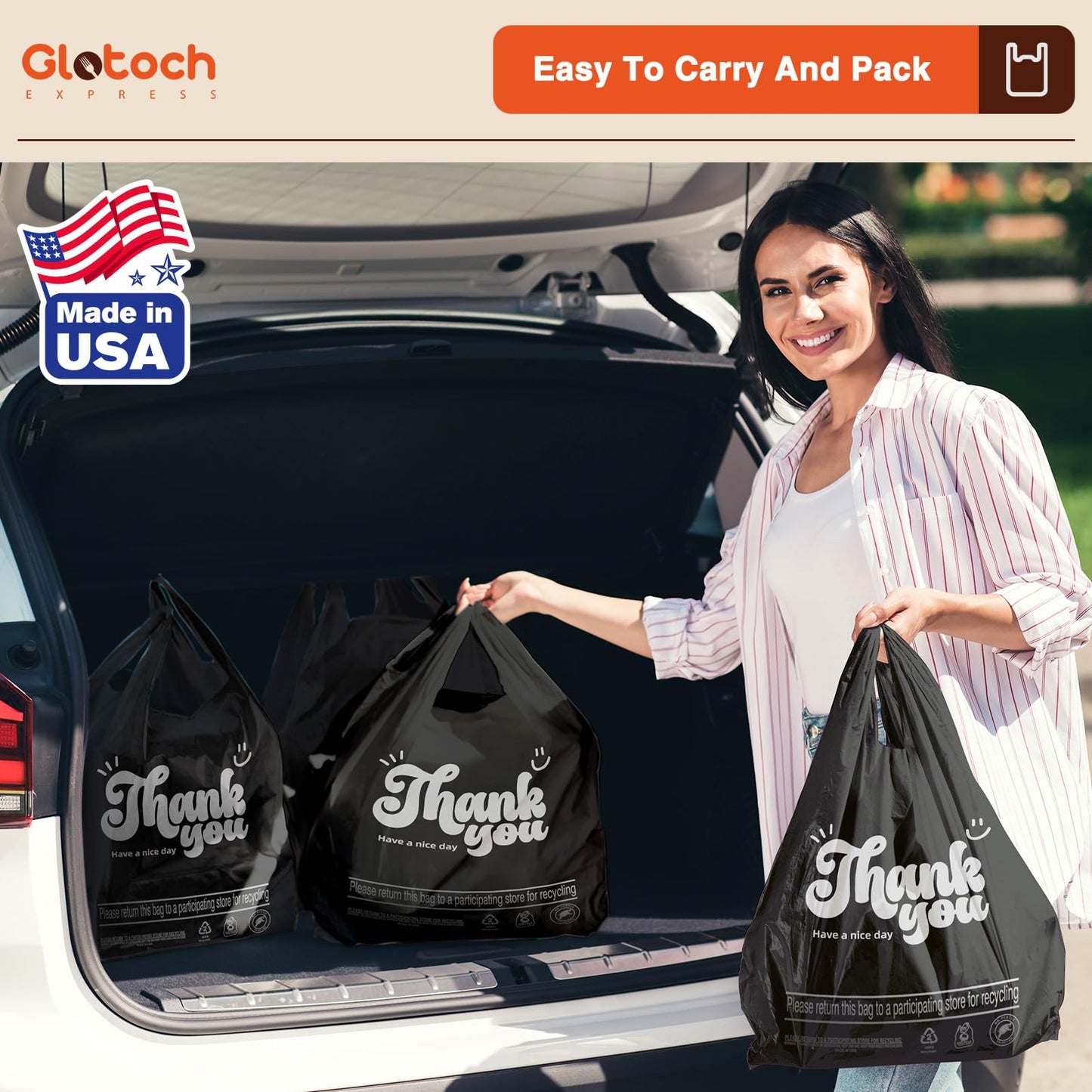 Glotoch 2000 Count - Black Plastic Grocery Shopping Thank You Bags for Small Business, Plastic T-shirt Bags with Handles for Restaurant, Retail, Takeout, Stores,To Go, in Bulk