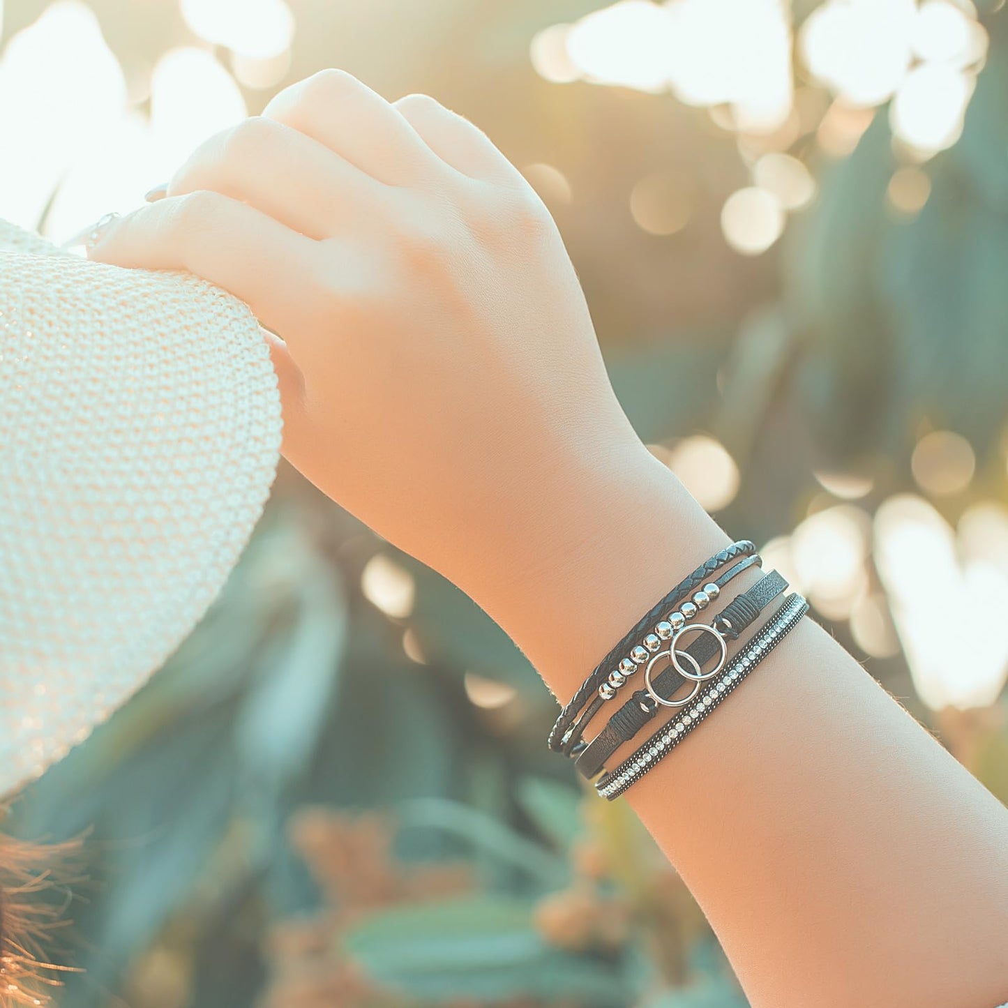 FANCY SHINY Boho Leather Wrap Bracelet Stackable Beaded Infinity Chunky Cuff Bracelets with Magnetic Clasp Western Hippie Outfits Jewelry Gifts for Women(Black)