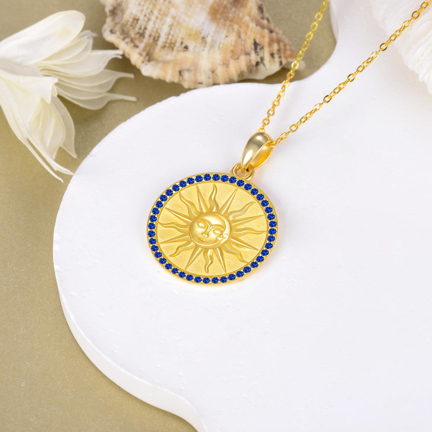 KQF Sun Necklaces for Women Birthstone Jewelry Gift Sterling Silver Sun 18K Gold Plated Coin Pendant September Jewelry Gift