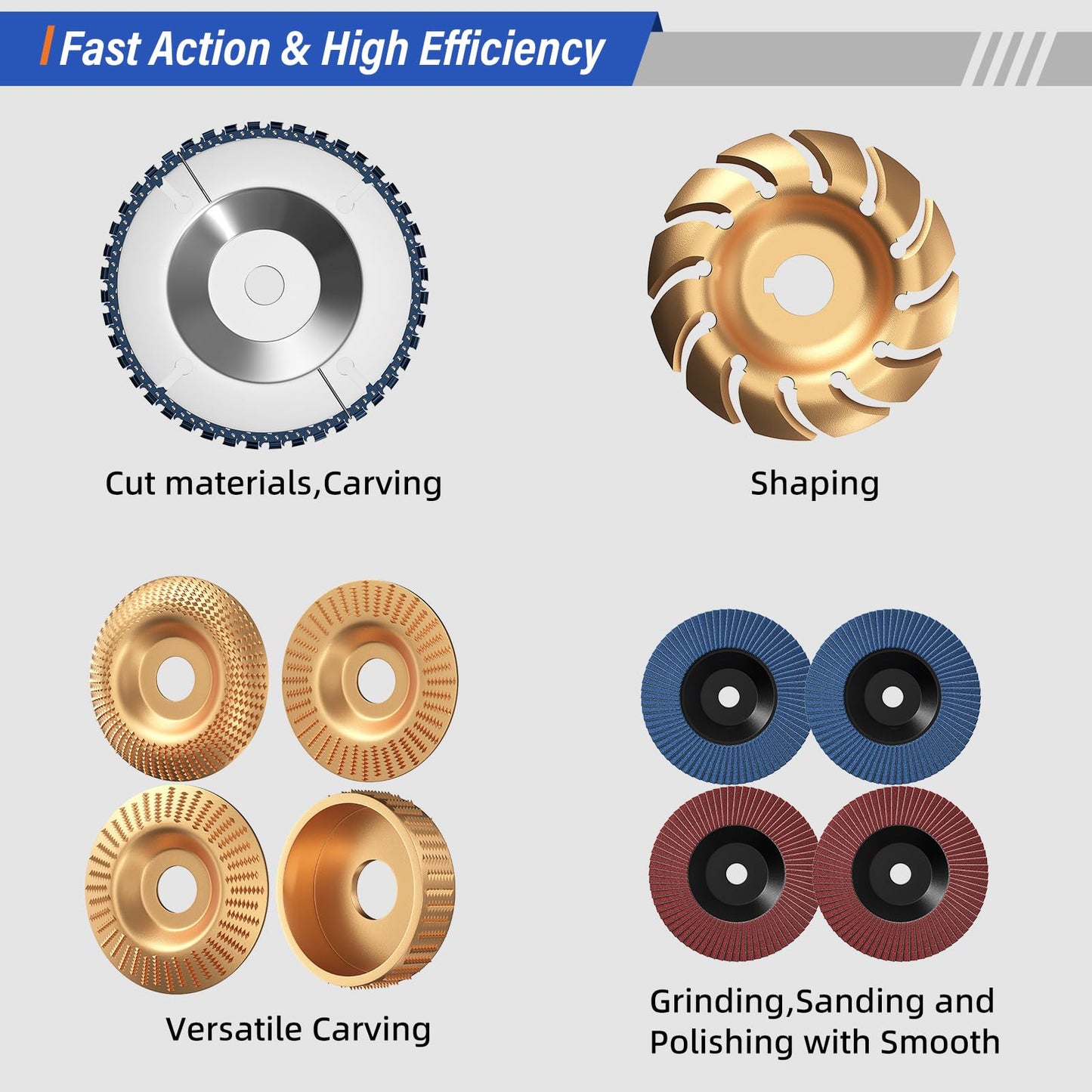 BURMONG 14PCS Wood Carving Disc Set for 4" & 4-1/2" Angle Grinder – Wood Cutting, Carving & Grinding Kit with Chainsaw Disc, Wood Shaping Discs, Flap Sanding Wheels, Adapter Rings & Wrench