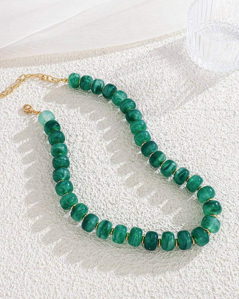 FAUTHENTICUTE Deep Green Beaded Choker Necklace for Women Chunky Statement Boho Western & Summer Beach Necklaces Trendy Everyday Green Beaded Choker Necklaces for Women