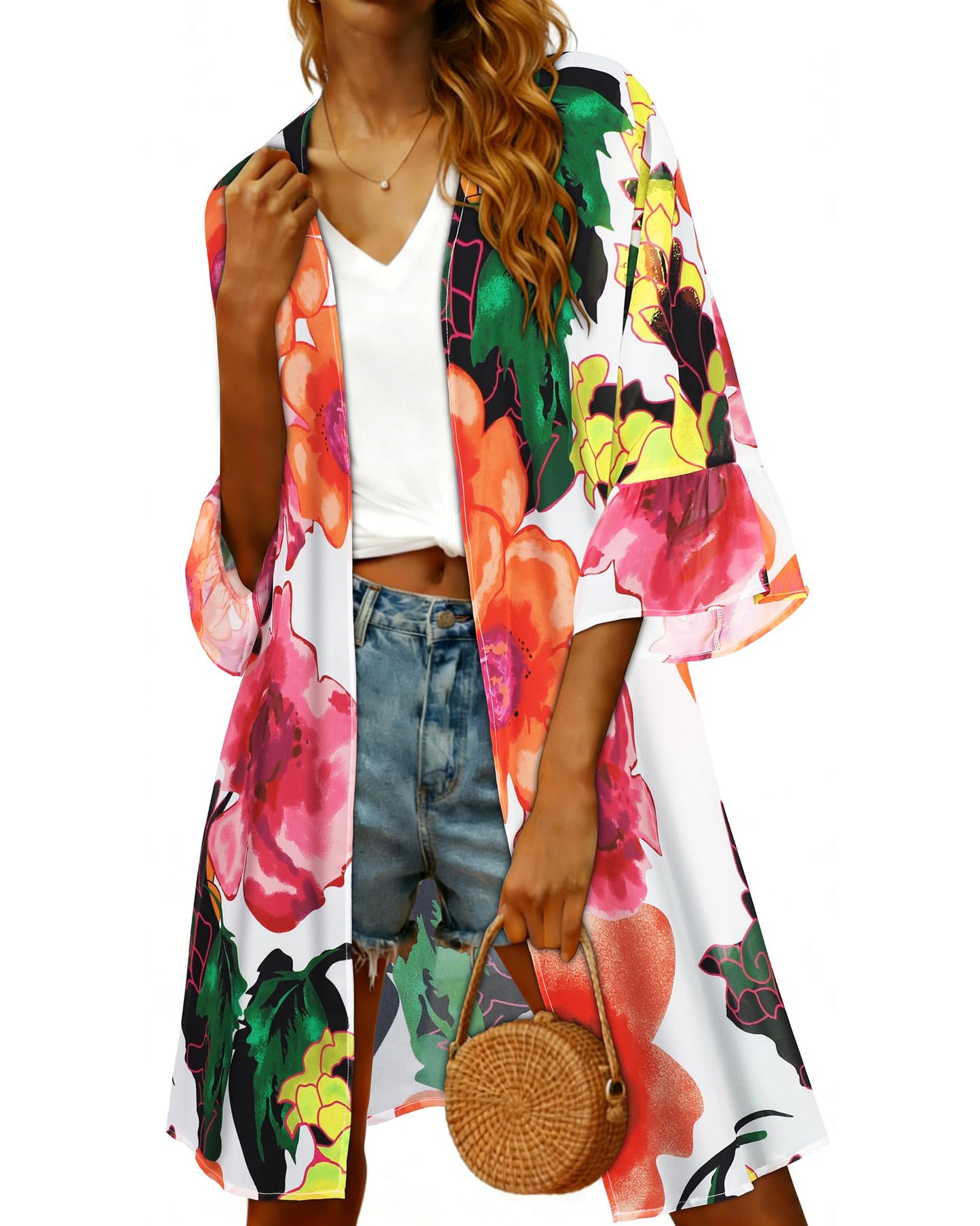 Summer Kimono for Women Cardigan Ruff Sleeve Shirts Chiffon Casual Bathing Suit Cover Up Tops (Pink Rose, L)