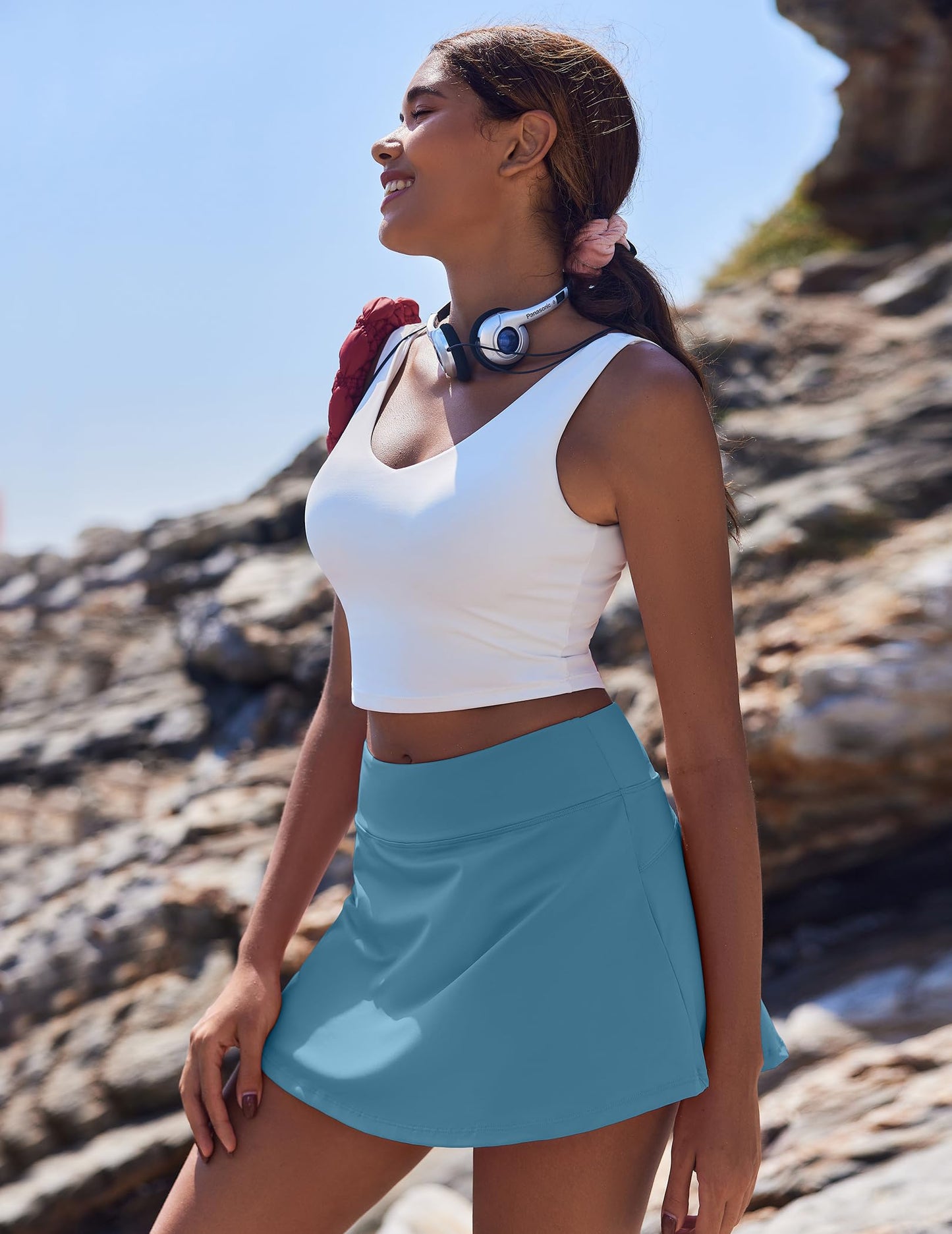 PINSPARK Tennis Skirts for Women Athletic Skort with Pockets Pleated Mini Golf Skirts Tummy Control, Oasis Blue X-Small