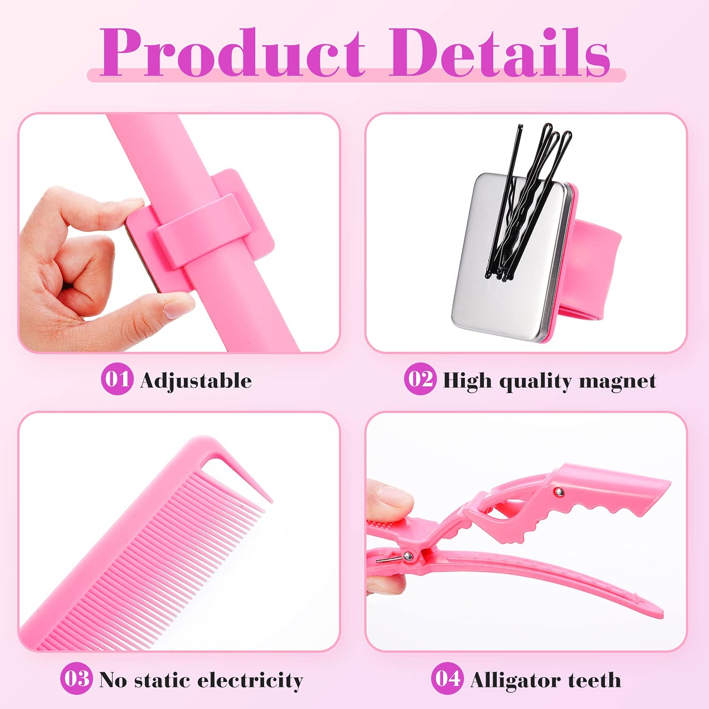 7 Pieces Hair Braiding Tools Magnetic Pin Wristband and 2 Pieces Stainless Steel Pintail Rat Tail Comb with 4 Wide Teeth Alligator Sectioning Hair Clip for Braid Tool Braid Maker(Pink)