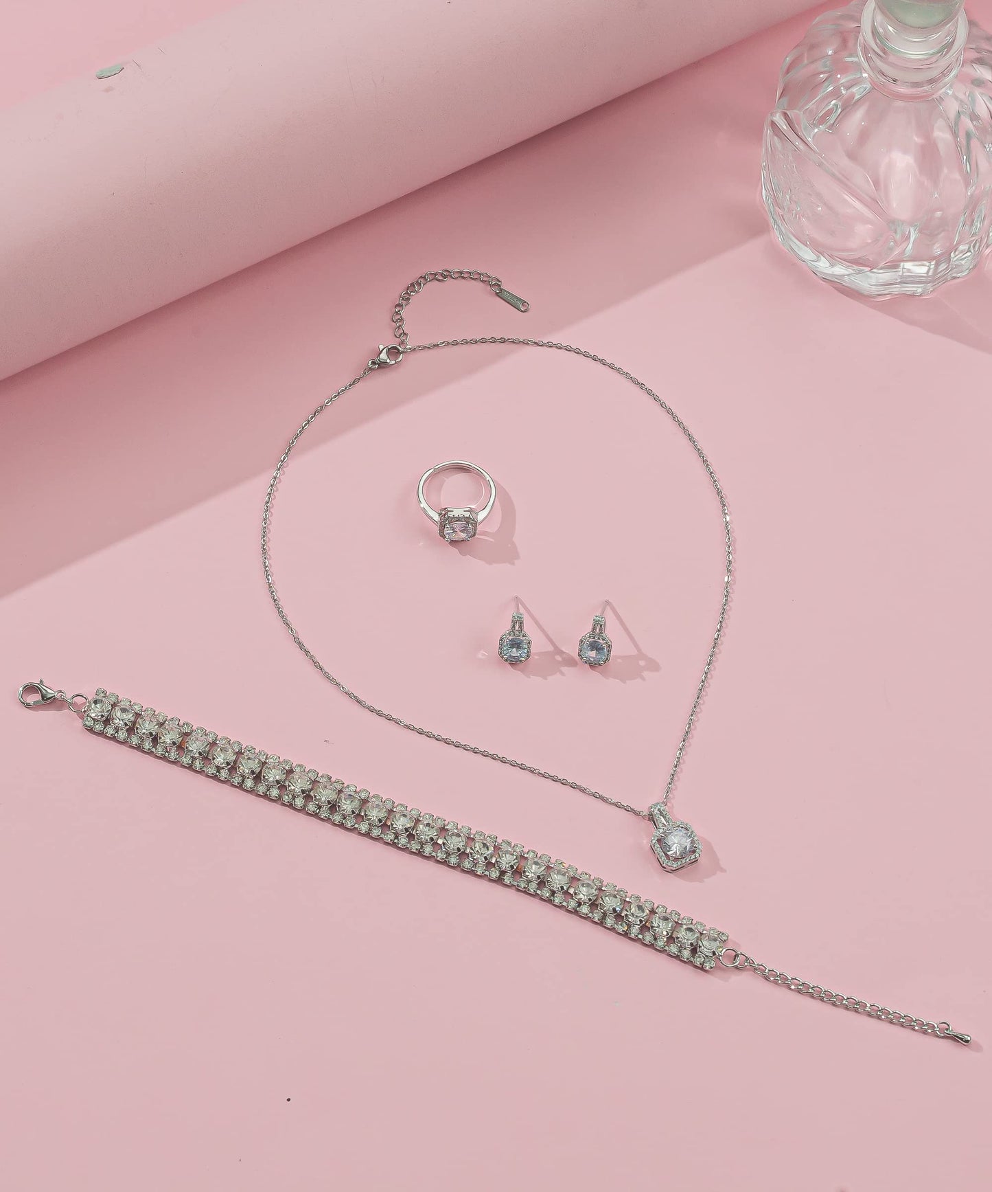 Paxuan 4pcs Cubic Zirconia Wedding Jewelry Sets for Bride Bridesmaid Cubic Zirconia Pendant Necklace Earrings Link Tennis Bracelet Open Ring Set for Women