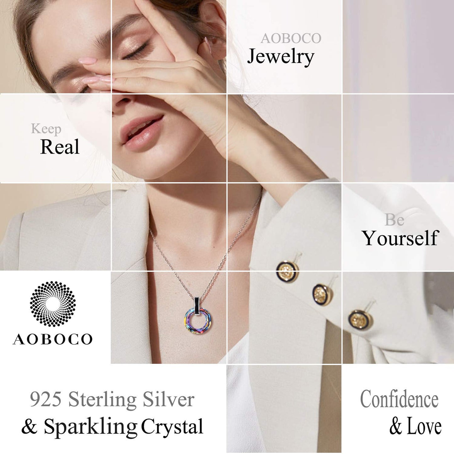 AOBOCO Circle Crystal Necklace 925 Sterling Silver Crystals Pendant Necklace for Women with Austrian Crystals Jewelry for Women Christmas Birthday Holiday Gifts (Inspirational Crystal)