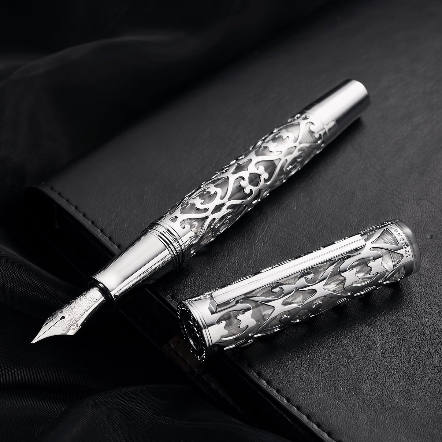HONG DIAN D1 Piston Fountain Pen Fine Nib, Hollow Skeleton & Resin with Metal Case Set (Silver)