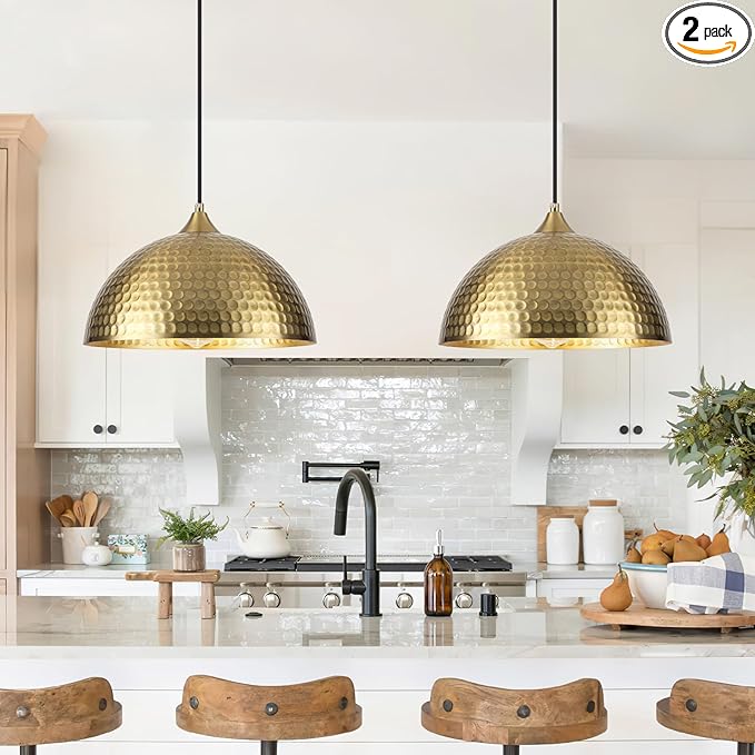 Gold Pendant Lights Kitchen Island 2 Pack, 12 Inch Hammered Dome Pendant Light, Farmhouse Kitchen Pendant Lights, Industrial Hammered Pendant Light for Kitchen, Dining Room, Barn