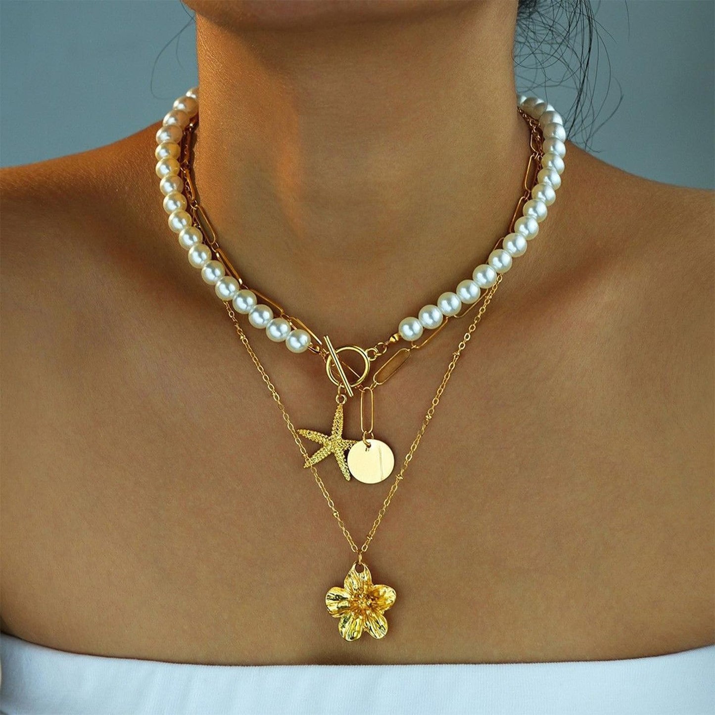 Starfish Shell Flower Necklace - Beach Jewelry for Women, Gold Coastal Charm Set, Boho Vacation Necklace, Summer Seashell Accessory