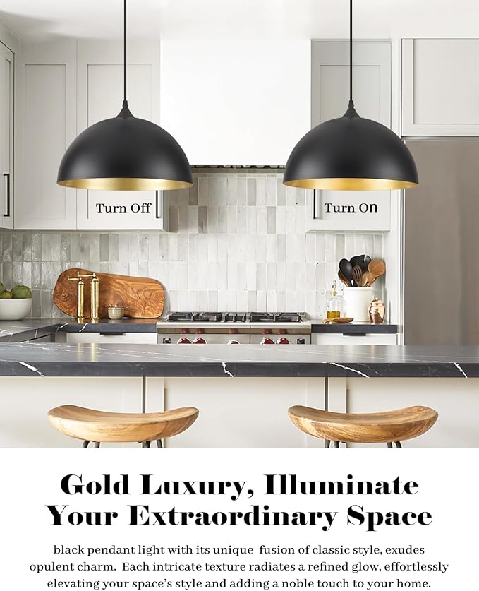 Black Pendant Lights Kitchen Island 2 Pack, 14 Inch Large Dome Pendant Light, Black and Gold Farmhouse Pendant Light, Island Pendant Lights for Kitchen, Dining Room