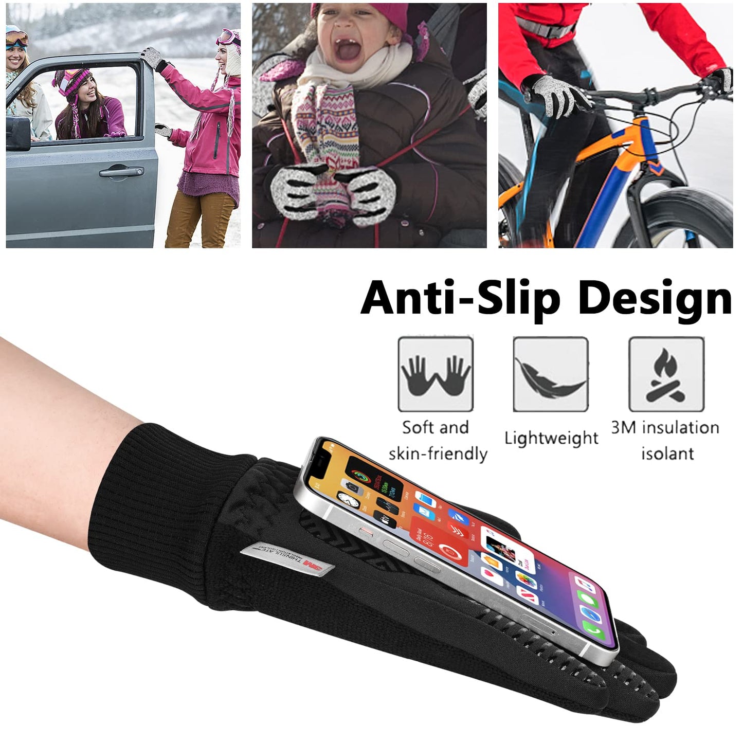 MOREOK Winter Gloves for Men/Women -10°F 3M Thinsulate Warm Touch Screen Snow Ski Bicycle Bike Gloves for Driving/Cycling/Running/Hiking-Black-L