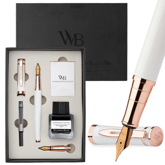 Wordsworth & Black Fountain Pen Set,18K Gilded Medium & Extra Fine Nib,25ML Black Ink Bottle,6 Ink Cartridges,Refill Converter,Gift Box,Smooth Writing Pen [White Rose Gold],Gift Set for Men and Women