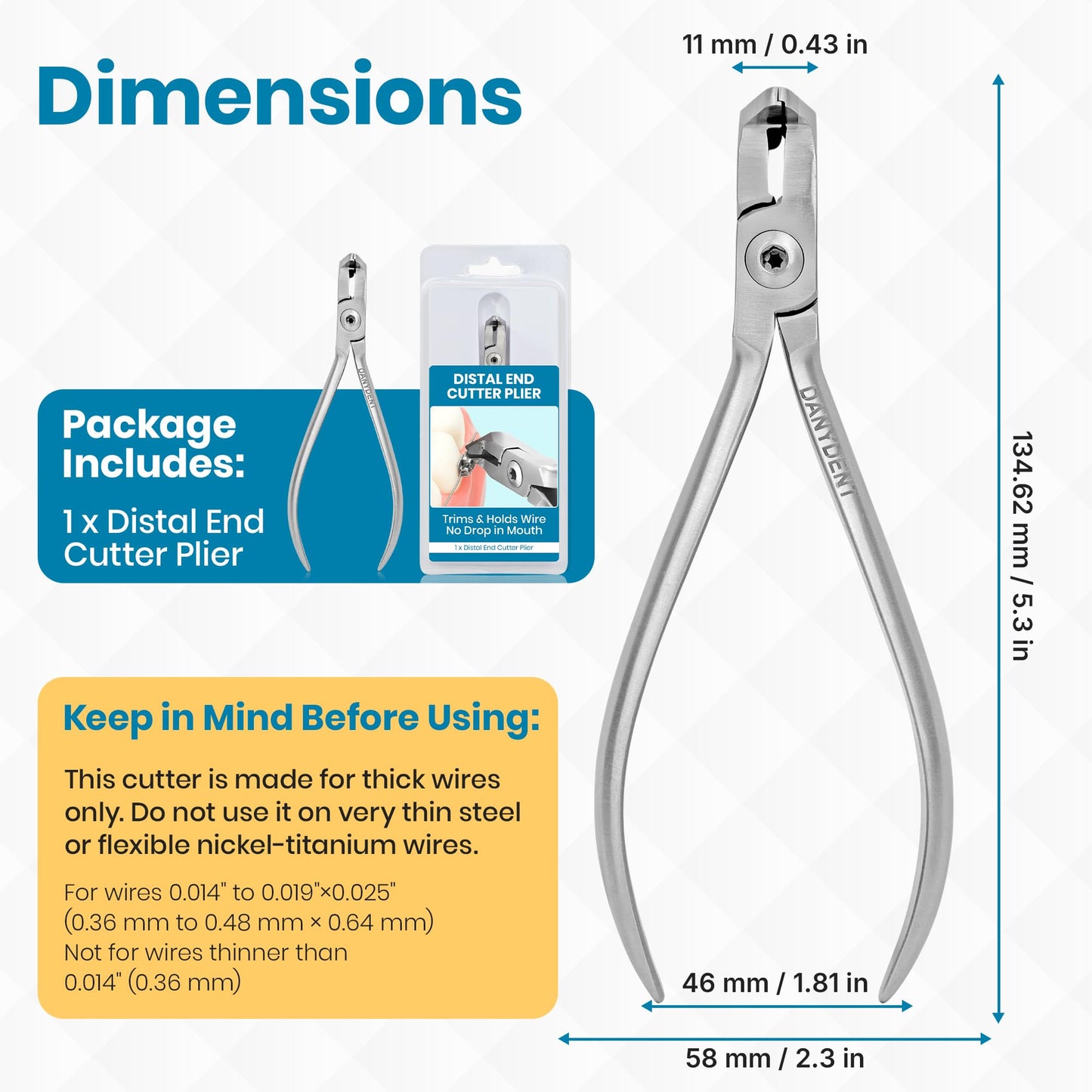 DANYDENT Distal End Cutter Orthodontic Plier – Hold & Cut Hard and Soft Wire - Professional Braces Wire Cutter - Tungsten Carbide Inserts - Easy To Use Dental Tools Stainless Steel Braces Essentials
