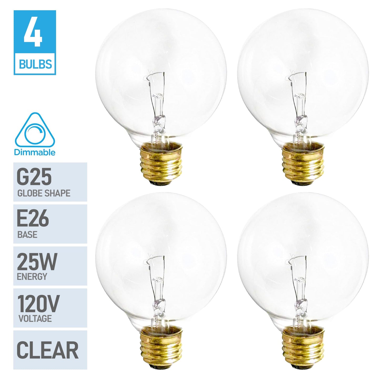 (4 Pack) G25 Globe Light Bulbs – 25W Incandescent, 2700K Soft White, E26 Base, Dimmable – Crystal Clear Vanity Bulbs for Bathroom, Mirror, Pendant Fixtures