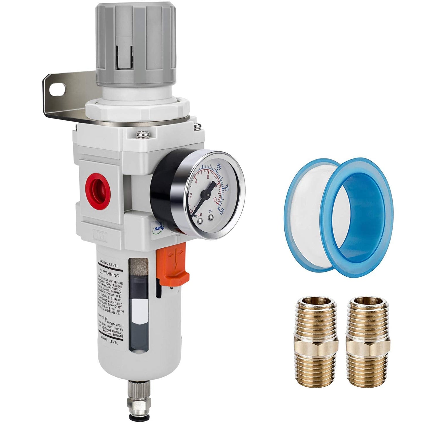 NANPU 3/4" NPT Compressed Air Filter Regulator Combo Piggyback, 5 Micron Brass Element, Poly Bowl, Semi-Auto Drain, Metal Bracket, 0-150 psi Gauge