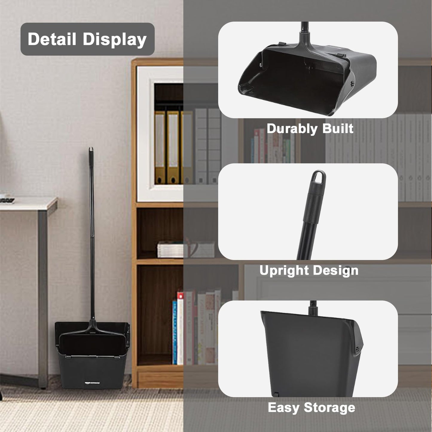 Primero Basics Pivoting Upright Dust Pan with Long Handle and Wheels, Large Capacity, Heavy Duty Commercial Dustpan for Indoor Outdoor, Standing Dust Pan for Home and Restaurant Cleaning, Black