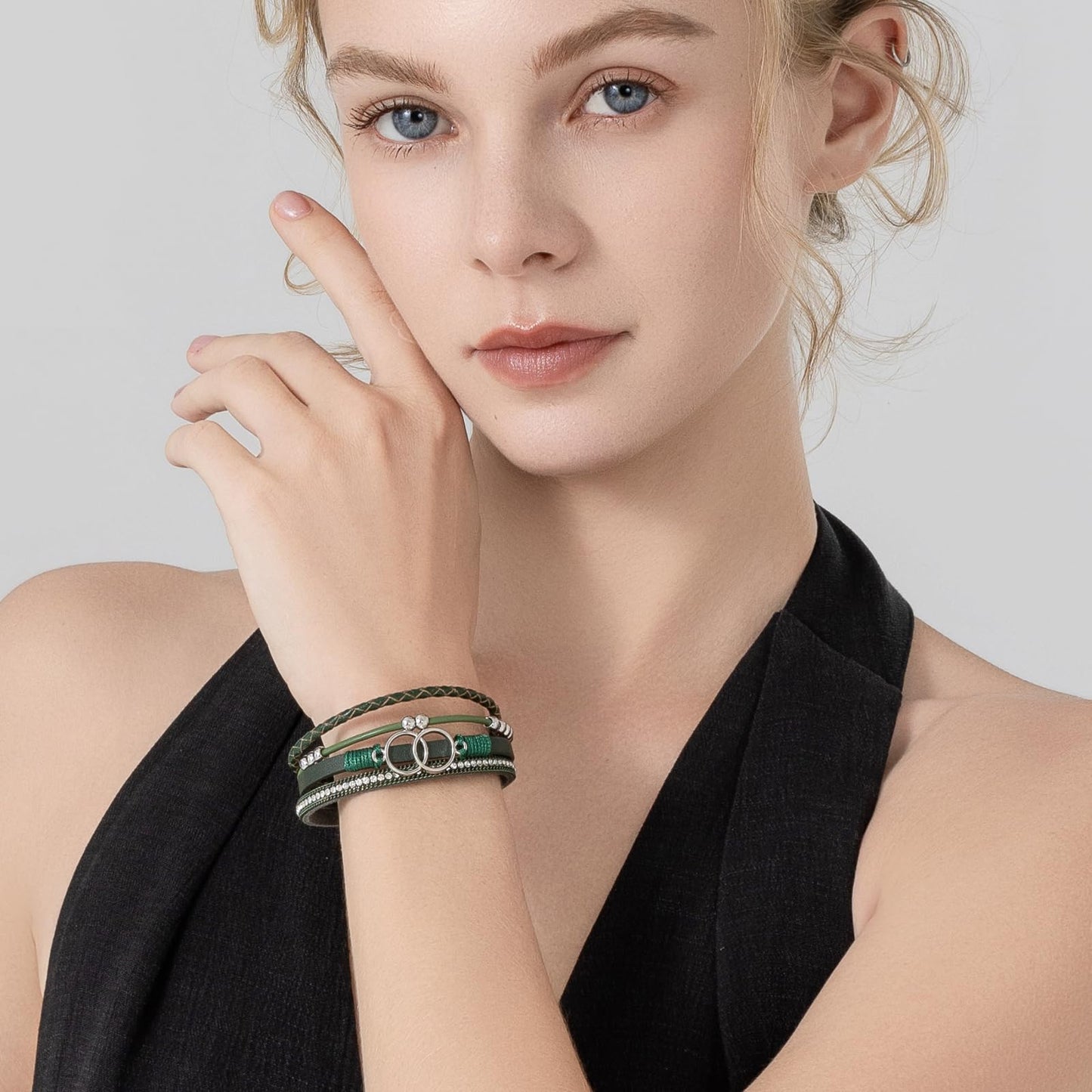 FANCY SHINY Boho Leather Wrap Bracelet Stackable Beaded Infinity Chunky Cuff Bracelets with Magnetic Clasp Western Hippie Outfits Jewelry Gifts for Women(Olive Green)
