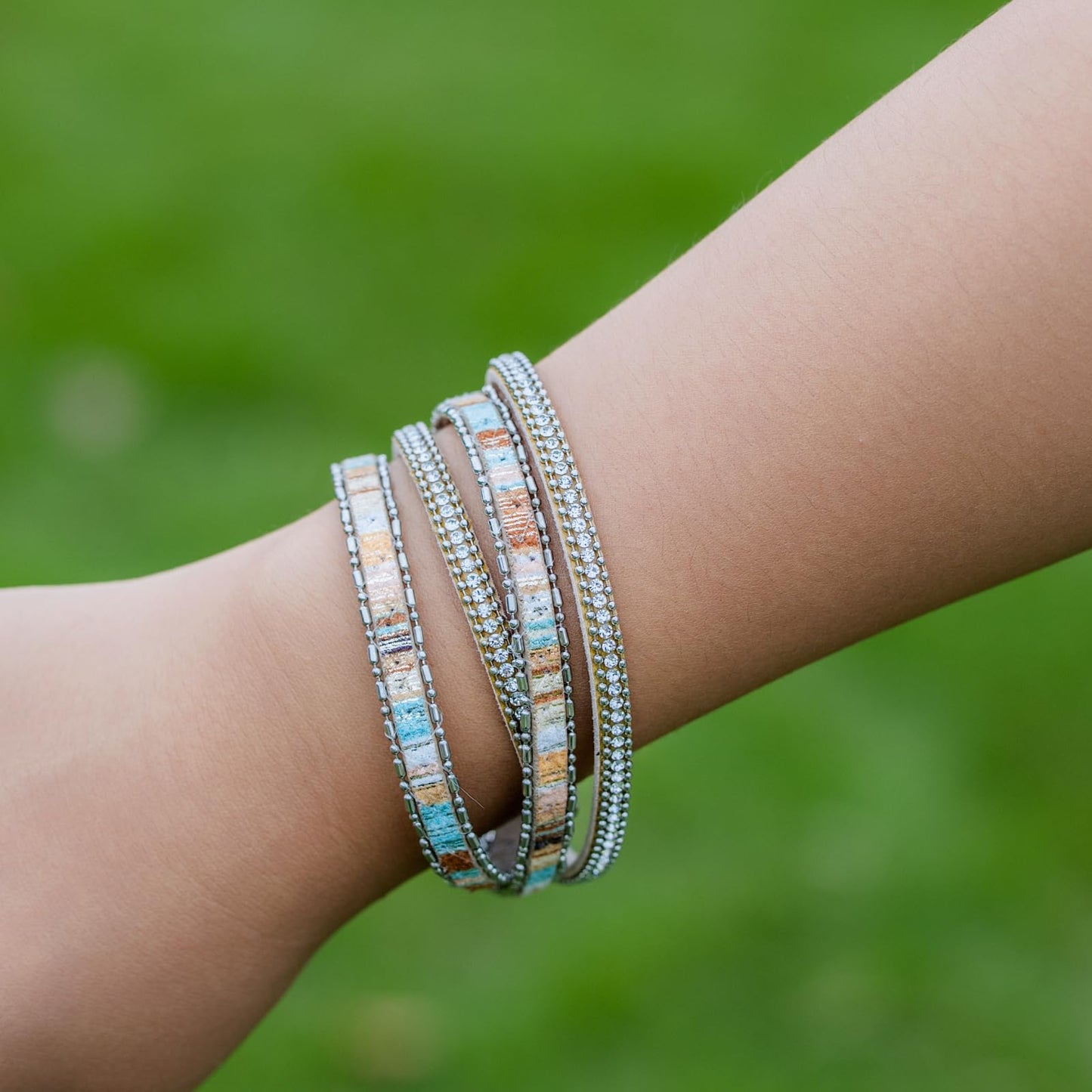 FANCY SHINY Boho Leather Wrap Bracelet Stackable Crystal Rhinestone Bangle Cuff with Magnetic Clasp Trendy Bohemian Jewelry for Women(Beige)