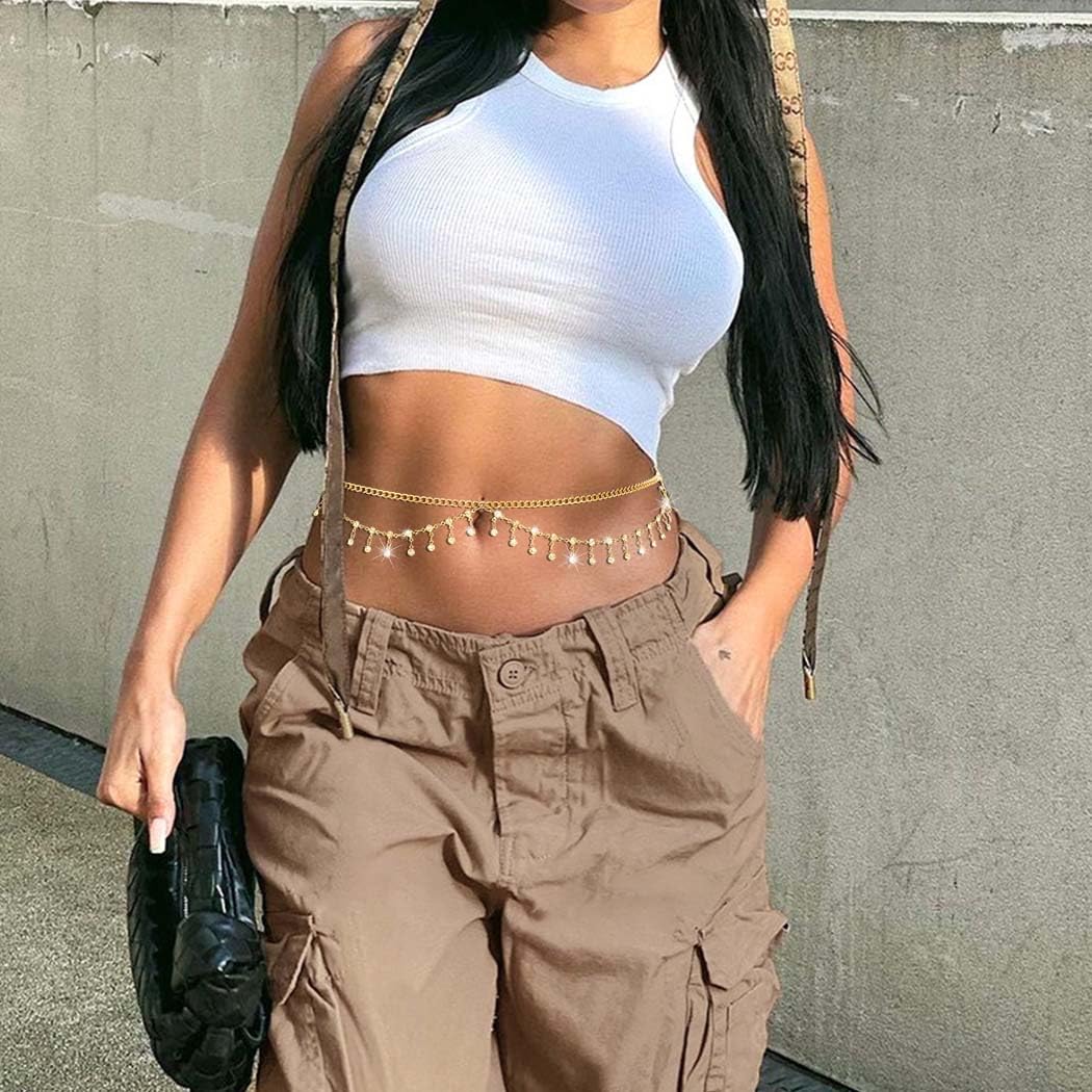 Florry Rhinestone Belly Chain Crystal Waist Chain Bikini Body Jewelry Chains Beach Belly Chain for the Waist Tassel Layered 18K Gold Body Chains for Women (Crystal)