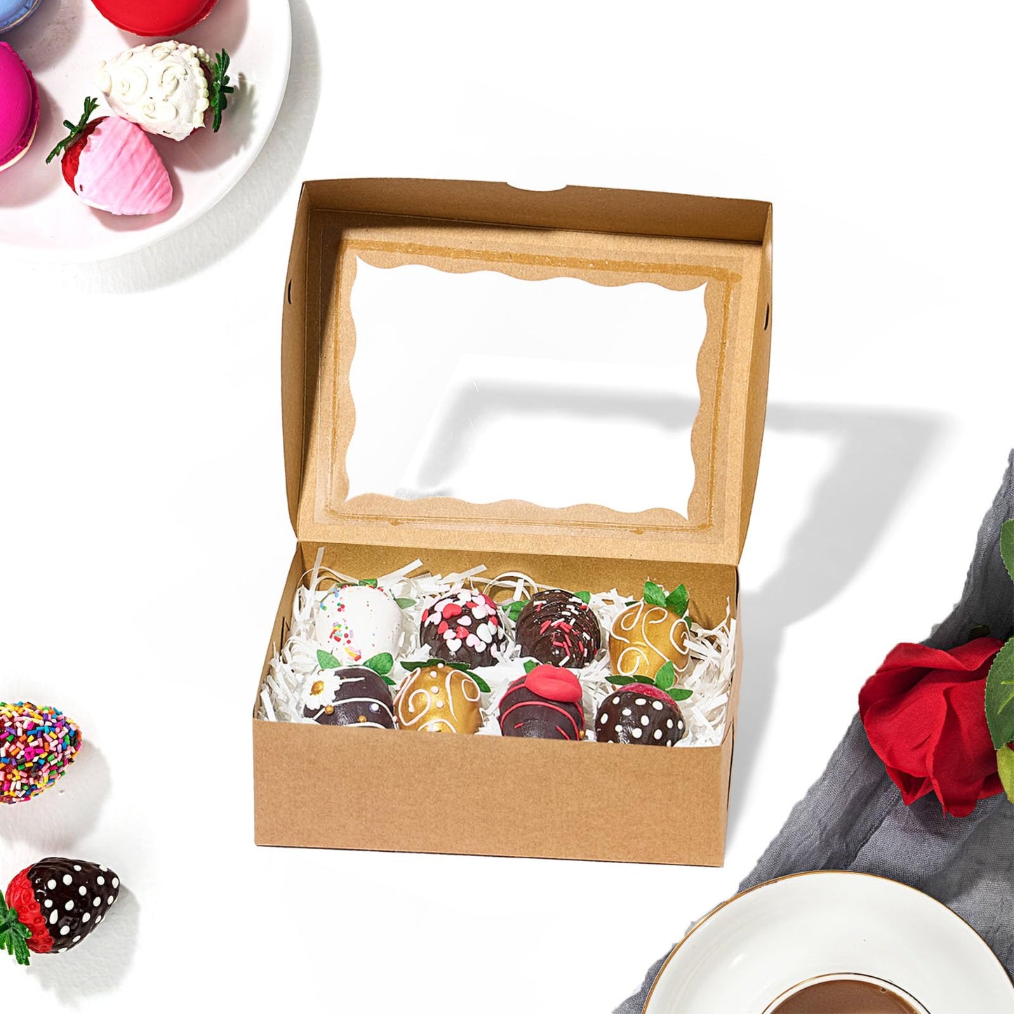 NEKSUNBAK 50 Pcs 8x6x2.5 Inch Brown Cookie Boxes with Window, Pastry Box for Chocolate Strawberries, Macarons, Truffles, Perfect for Thanksgiving Day, Mother's Day, Christmas Party Favors & Holiday