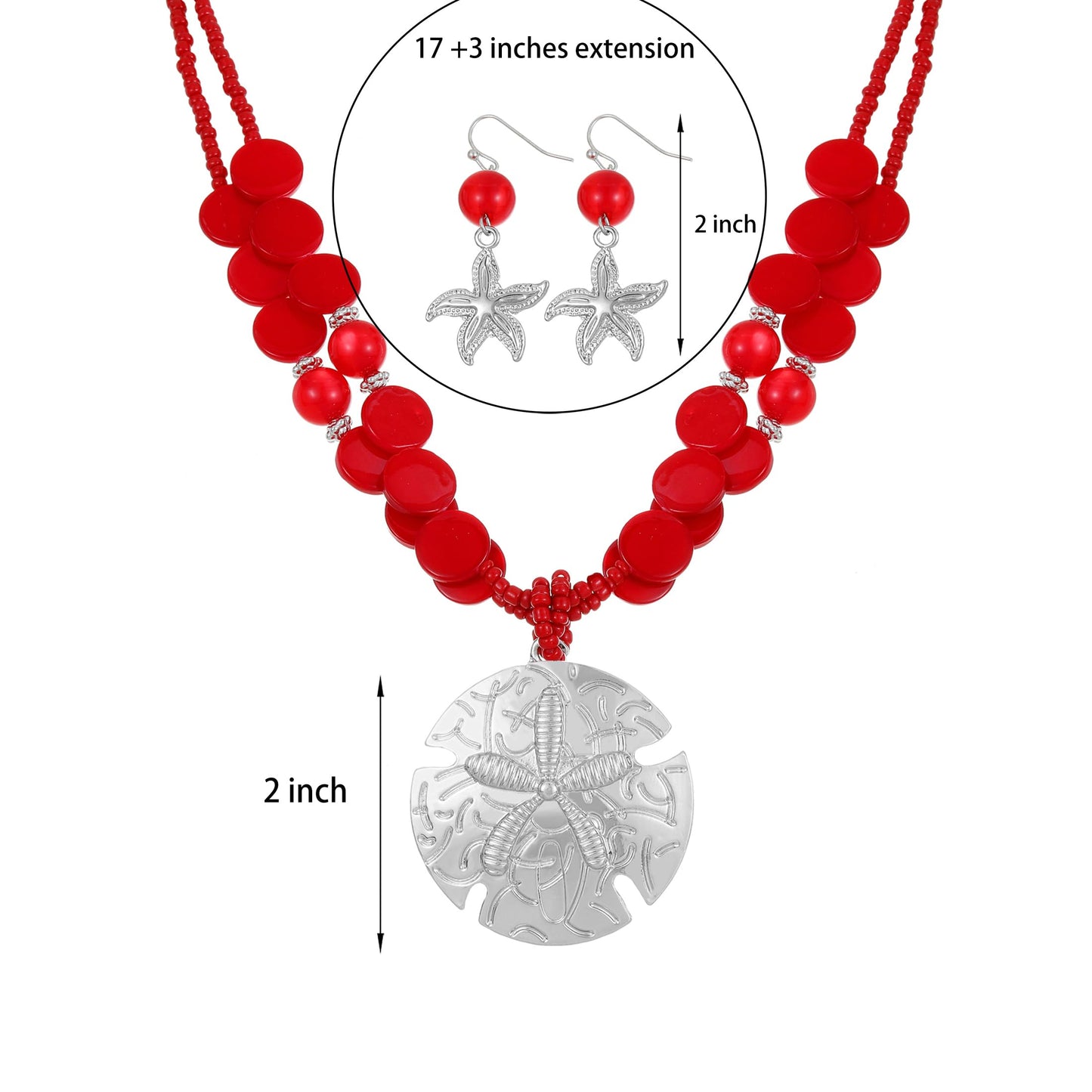 Perla Boho Starfish Necklace for Women, Chunky Layered Shell Beads Choker Necklace and Earrings Set, Ocean-Themed Summer Beach Jewelry (Red)