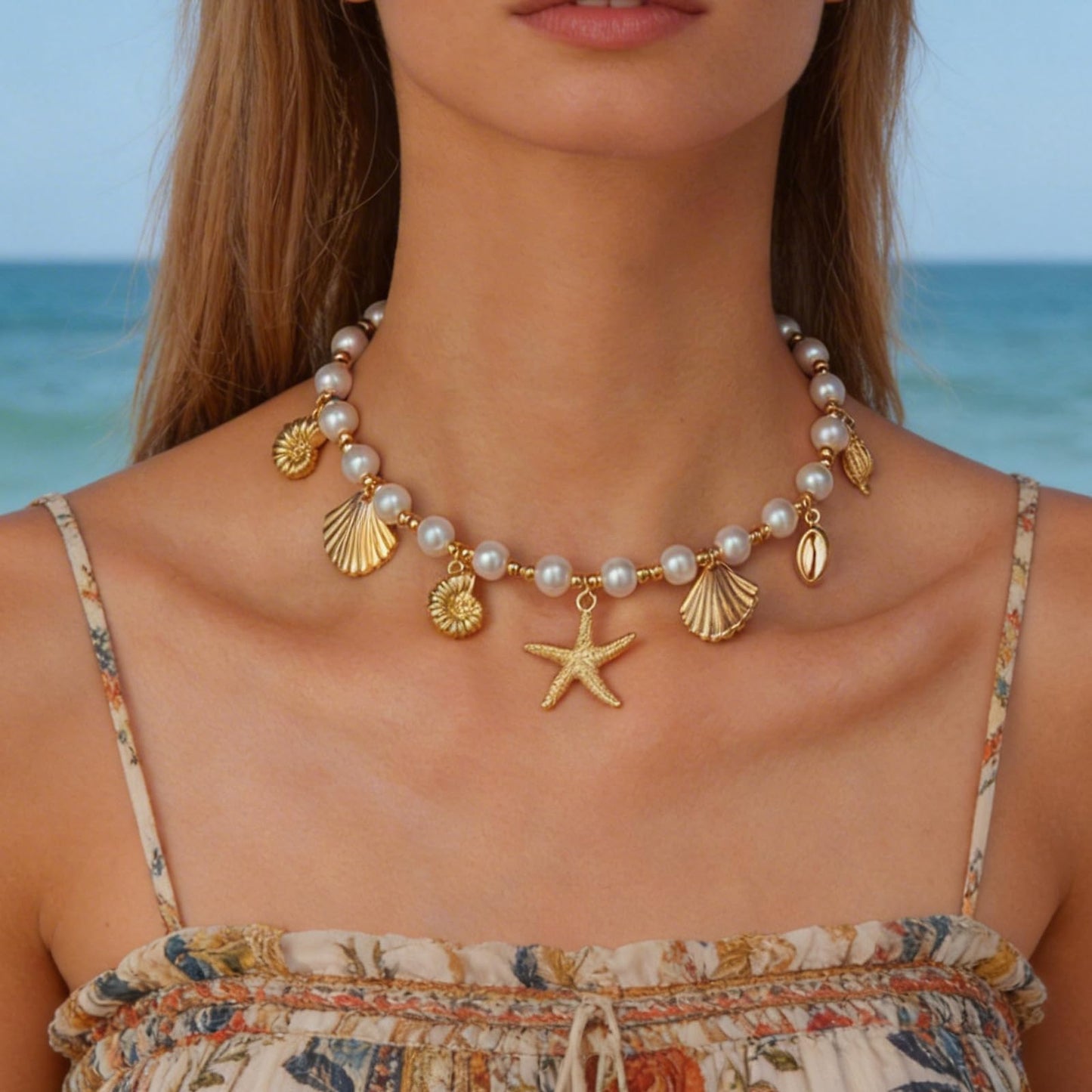 Frodete Starfish Necklace for Women Beach Necklaces Jewelry Layered Choker Drop Dangle Summer Vacation Outfits Theme Conch Seashell Accessories Ocean Pendant Dress Costume