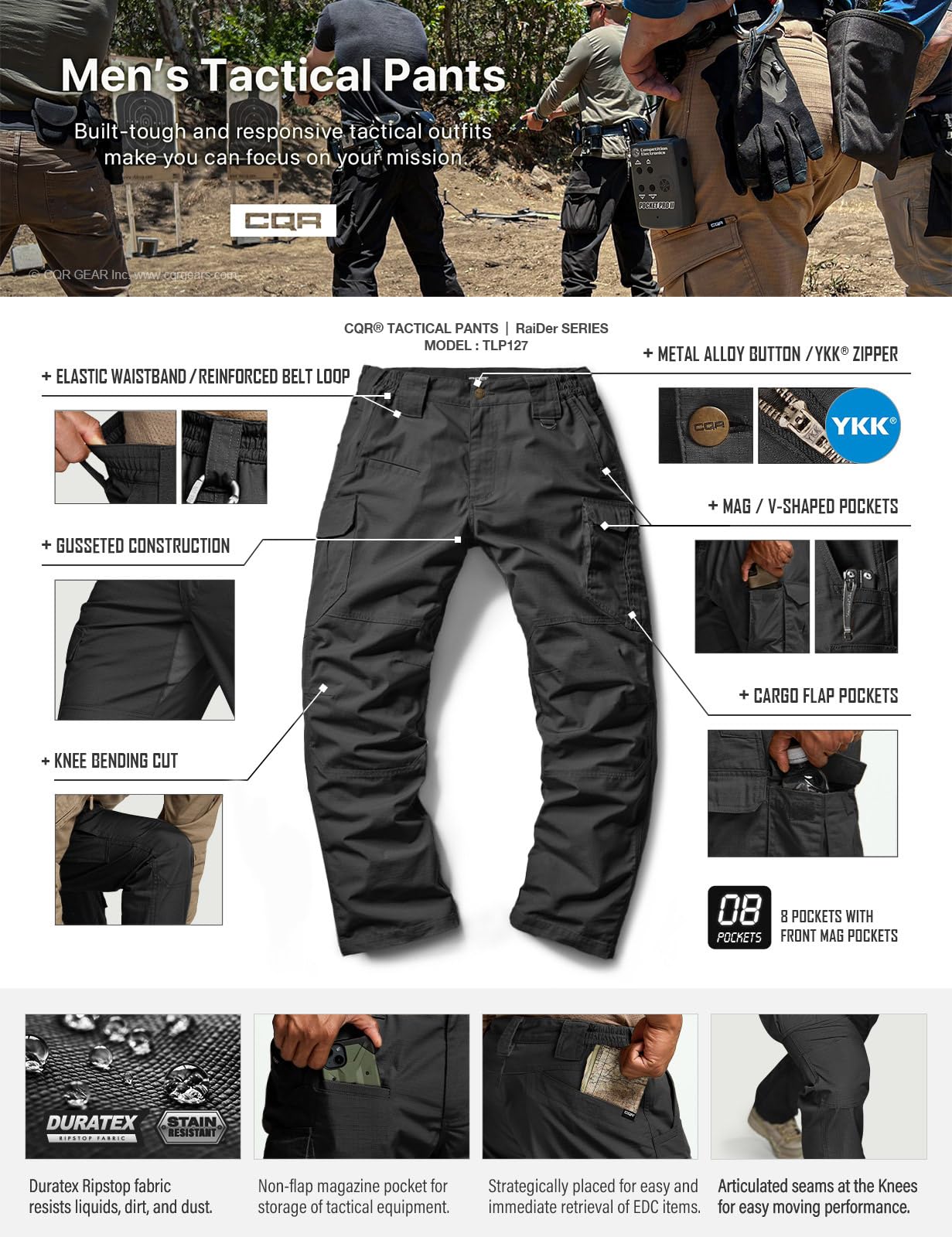 CQR Men's Tactical Pants, Water Resistant Ripstop Cargo Pants, Lightweight EDC Work Hiking Pants, Outdoor Apparel, Raider Mag Pocket Black, 32W x 30L