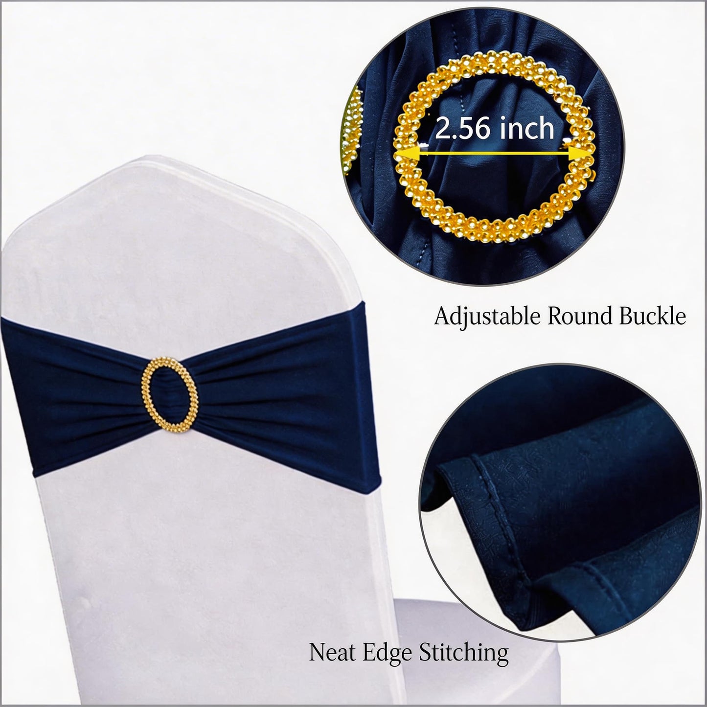 Pack of 50 Spandex Navy Blue Chair Sashes with Gold Buckles, Stretch Chairs Sashes for Wedding Party Baby Shower Ceremony Event Decorations Chair Bands Bows (Navy Blue Sashes, Gold Buckles)