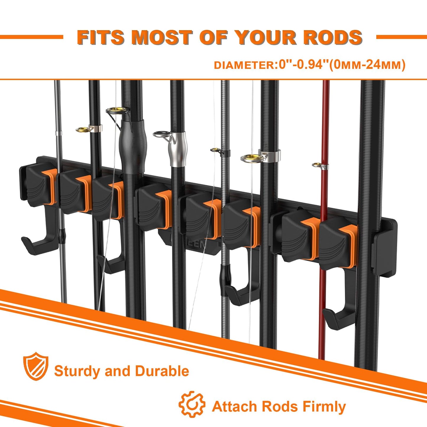Hikeen Fishing Rod Holders, Wall Mounted Fishing Rod Rack, Fishing Pole Holder Holds Up to 8 Rods or Combos, Fishing Rod Holders for Garage with 4 Hooks, Fits Most Rods of Diameter 3-24mm(1Pack)