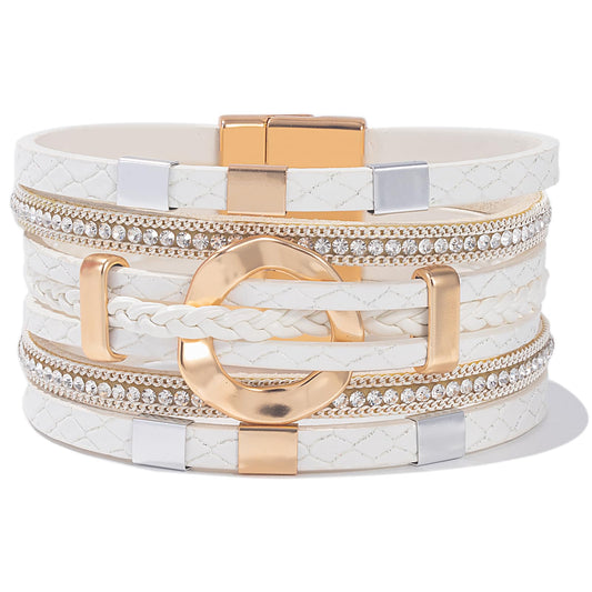 FANCY SHINY Boho Leather Wrap Bracelets Circle Square Bead Braided Handmade Stackable Bracelet Trendy Cuff Bangle for Women(White)